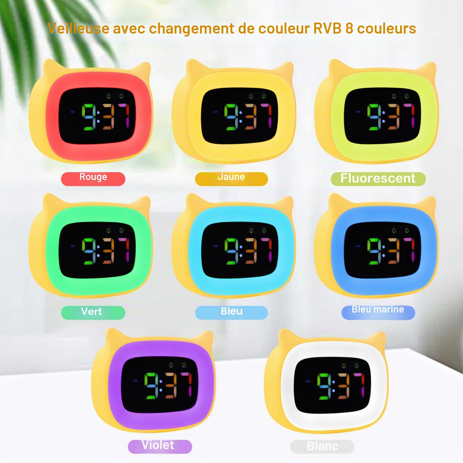 Seutgjie Réveil Enfant Lumineux pour Adolescent/Fille/Garçon, Reveil Chat à RGB 8 Couleurs & 18 Sonneries & 2 Alarmes, Réveil Enfant Éducatif 12/24 Heures avec Mode de Répétition