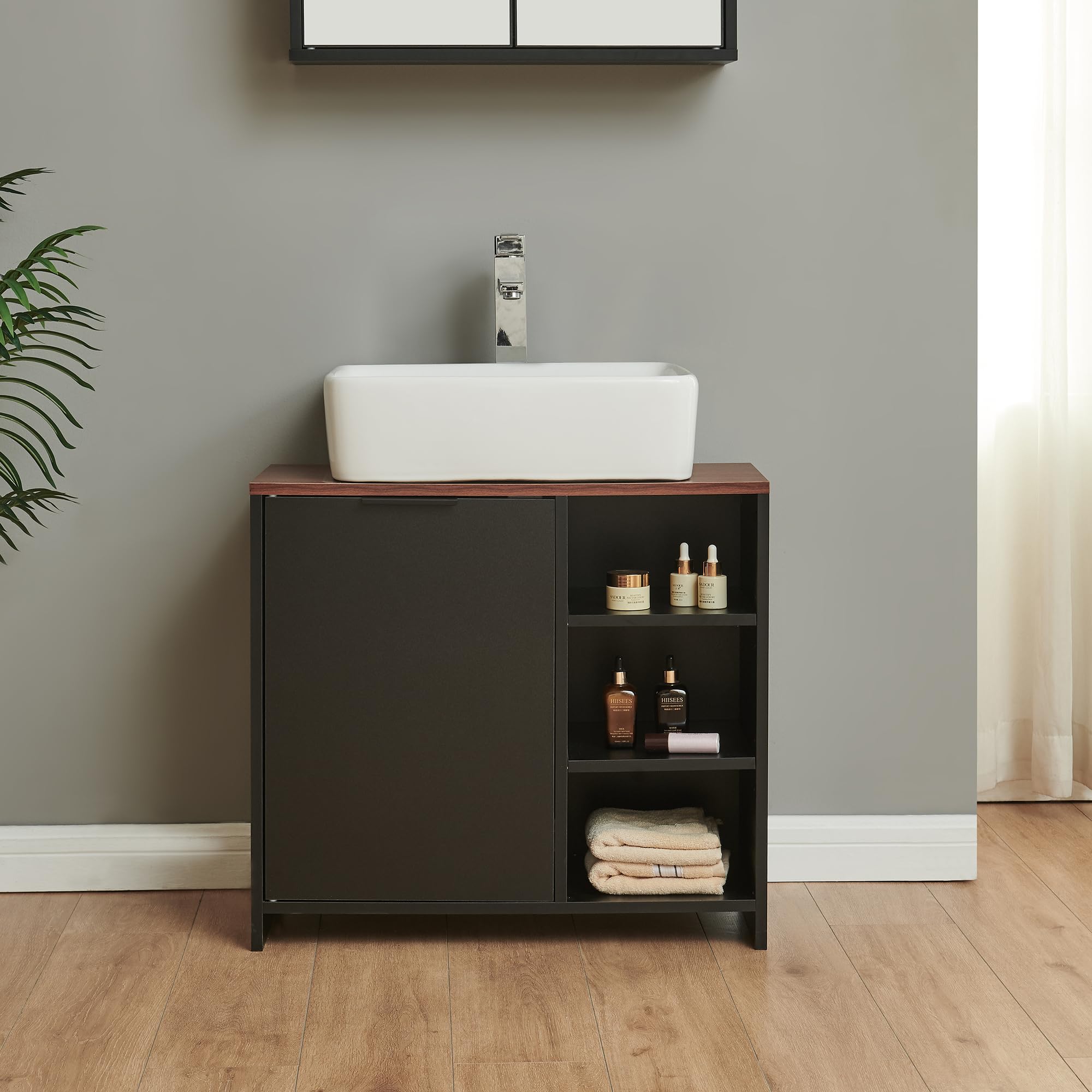 [en.casa] Mobile Sottolavabo da Terra con Anta Armadio da Bagno Sotto Lavandino con Scomparto Chiuso Ritaglio Sifone e 3 Ripiani Vani Aperti Lavanderia 60 x 66 x 30 cm - Nero/Effetto Noce
