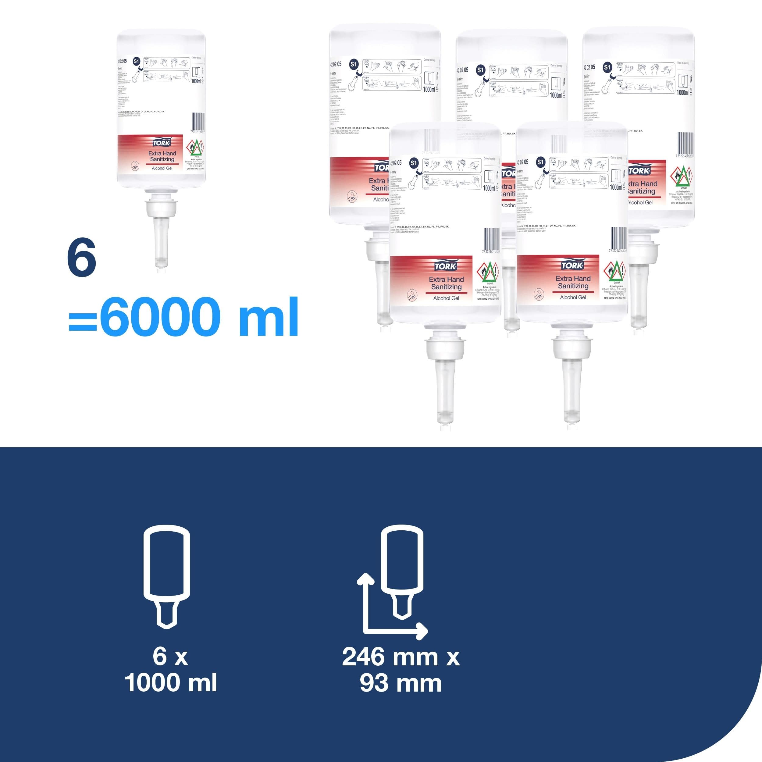 Tork Extra Gel Disinfettante per Mani Alcoolico S1, Nessun Residuo Appiccicaticcio, 6 x 1000 ml, 420205