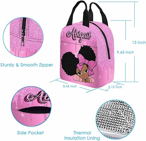 Miniatura 4 de Lonchera con nombre personalizado para niños, color rosa claro, patrón brillante, corbatín, reutilizable, aislada, bolsa de almuerzo térmica, a