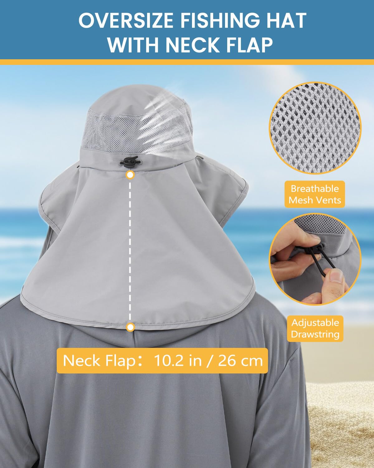 Zylioo Chapeaux de protection UV XXL/XL avec rabat pour le cou, grand chapeau de soleil pour homme avec masque rafraîchissant à large bord pour la pêche