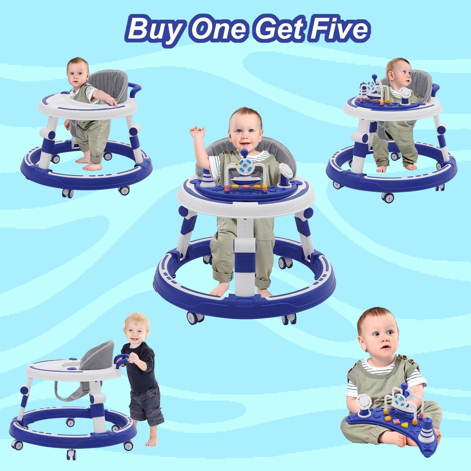 5 w 1 chodzik Baby Walker, z regulacją wysokości, składane, 360°, z muzyką i zdejmowaną tacą, nadaje się dla dzieci od 6 miesięcy