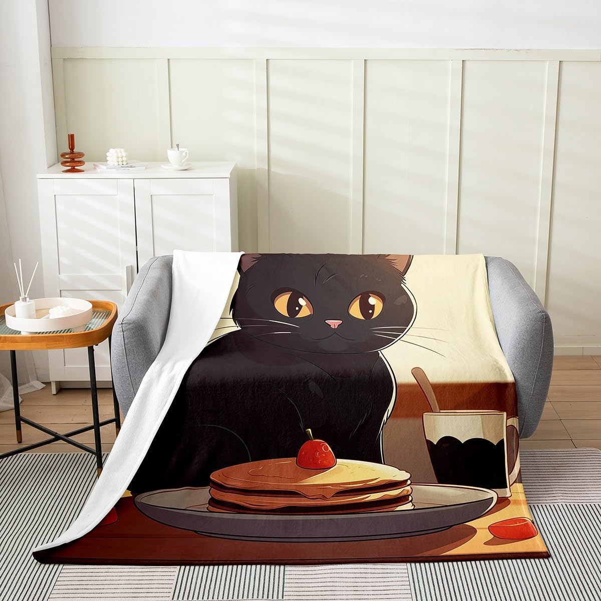 Cat Flannel Blanket Warm Lightweight,Cute Farmhouse Animals Lovely Cat Fuzzy Warm Blanket for Boys Girls,Black Print Cute Cat Country Decor Bed Sofa Couch Blankets Bedroom Decor Queen 90"x90"