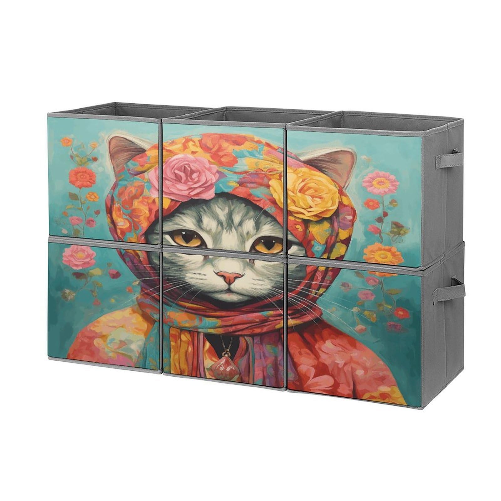 Btcowzrv Style Hand Drawn Cat Storage Cubes, 6 Pack Oxford Fabric Foldable Collapsible Bins With Handles, Cubby Storage Baskets Boxes For Closet Shelves Office Organization