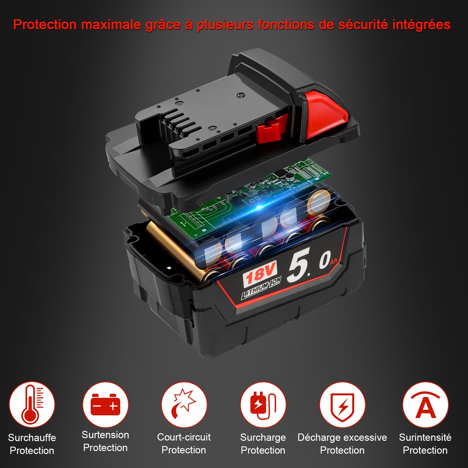 Waitley M18B5 5,0 Ah Batterie pour Milwaukee M18 48-11-1850 48-11-1852 48-11-1820 48-11-1828 48-11-10