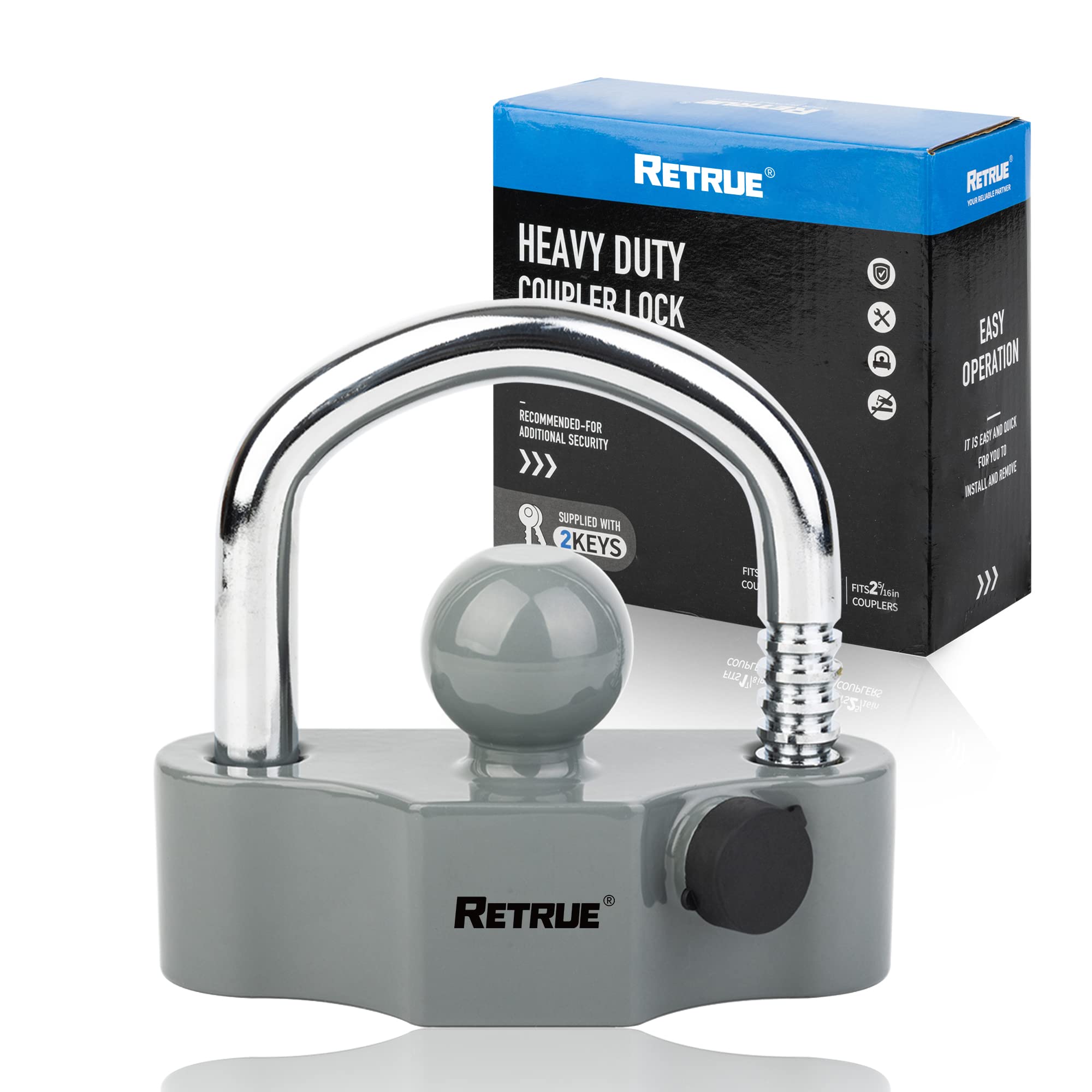 RETRUE Universal Coupler Lock Heavy-Duty Trailer Hitch Locks Ball Hitch Tow Hitch Lock for 1-7/8 Inch, 2 Inch, 2-5/16 Inch Couplers, Grey