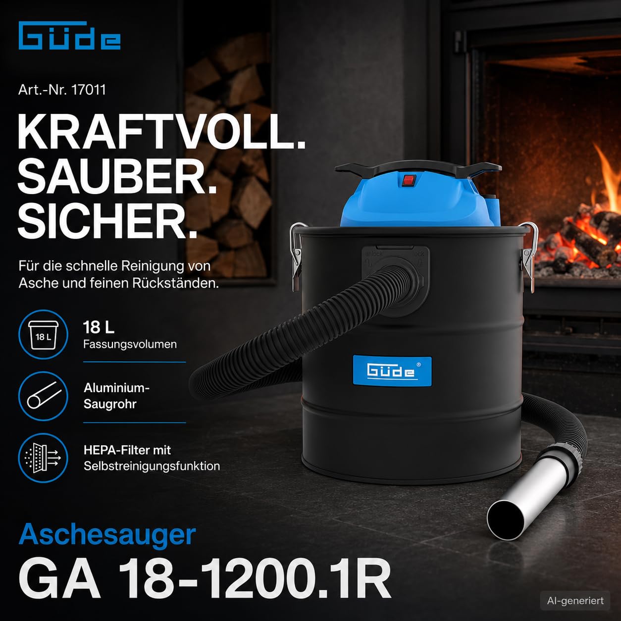 Güde GA 18-1200.1R - Aspiratore per cenere, 230 Volt, 1200 Watt, 18 kilopascal, contenitore da 18 litri, con filtro HEPA, funzione autopulente, tubo di aspirazione in metallo e tubo di aspirazione in