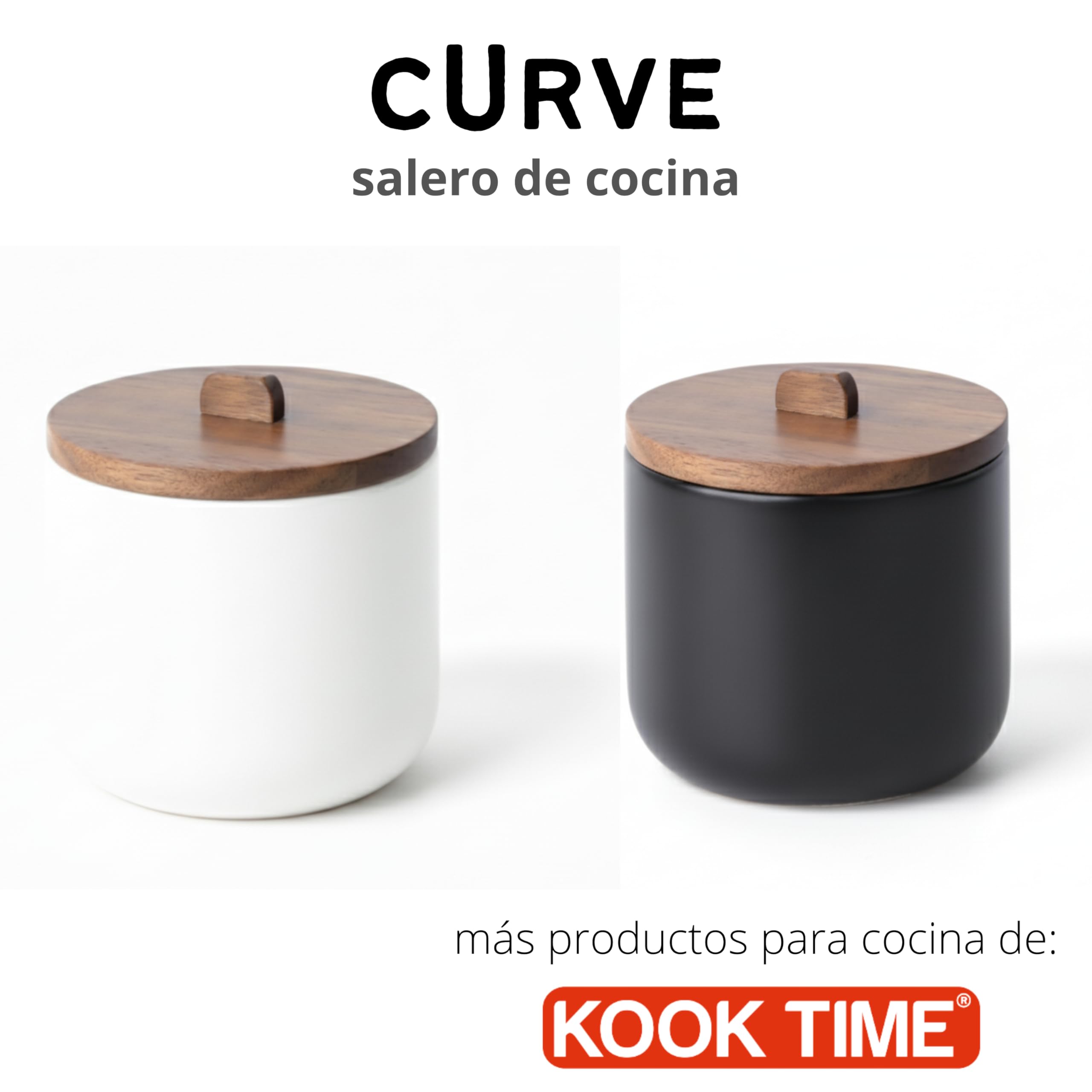 Kook Time Salero de Cocina de Cerámica CURVE - Bote Hermético con Tapa de Madera de Acacia. Tarro Multiusos para Sal, Azúcar o Especias. Diseño Nórdico Moderno. 11.5 x 12 cm. - Negro Mate — view 8