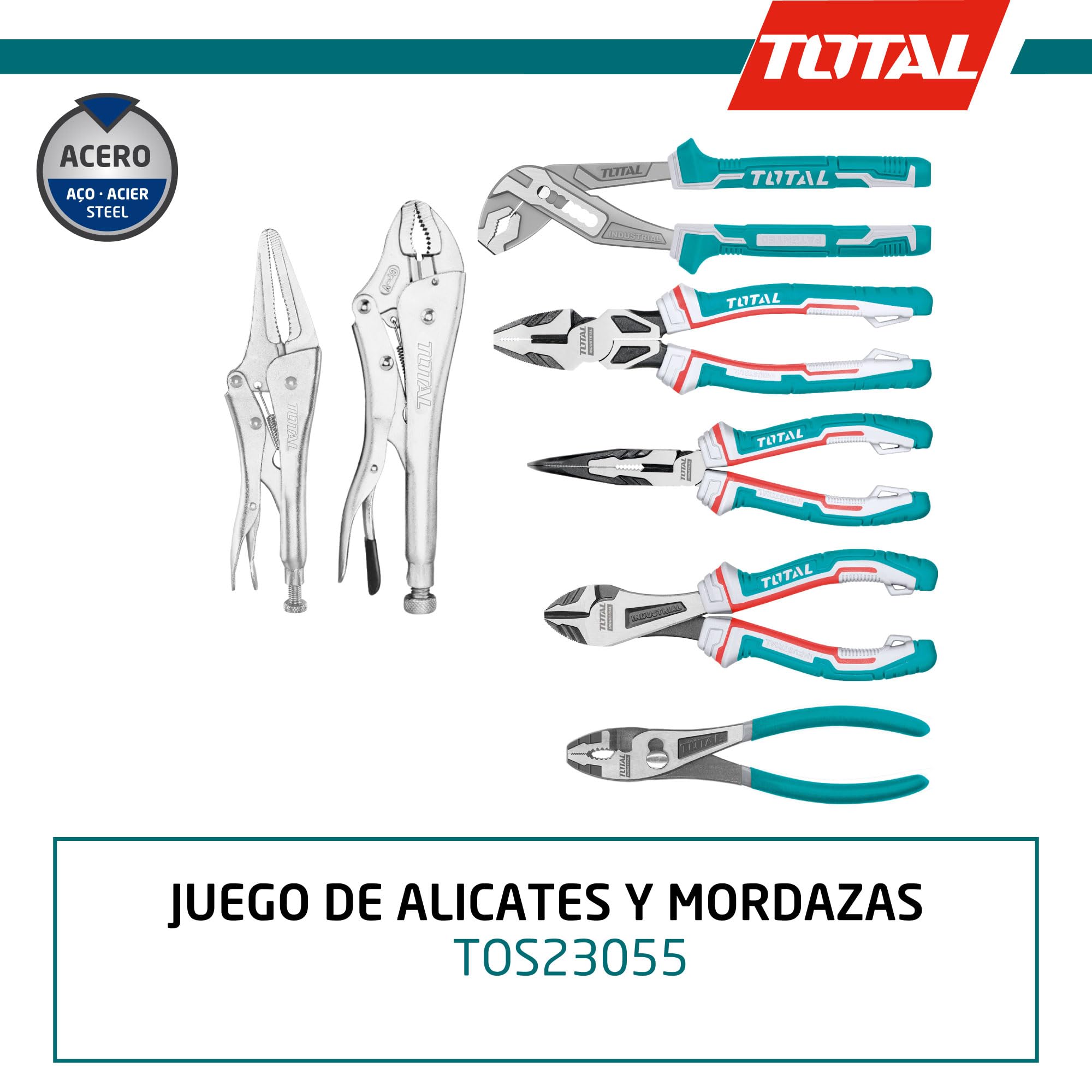 TOTAL - Juego de 7 Alicates, Tenazas y Mordazas | 1 Tenaza | 4 Alicates | 2 Mordazas | Mango Ergonómico Bimaterial | Acero al Carbono