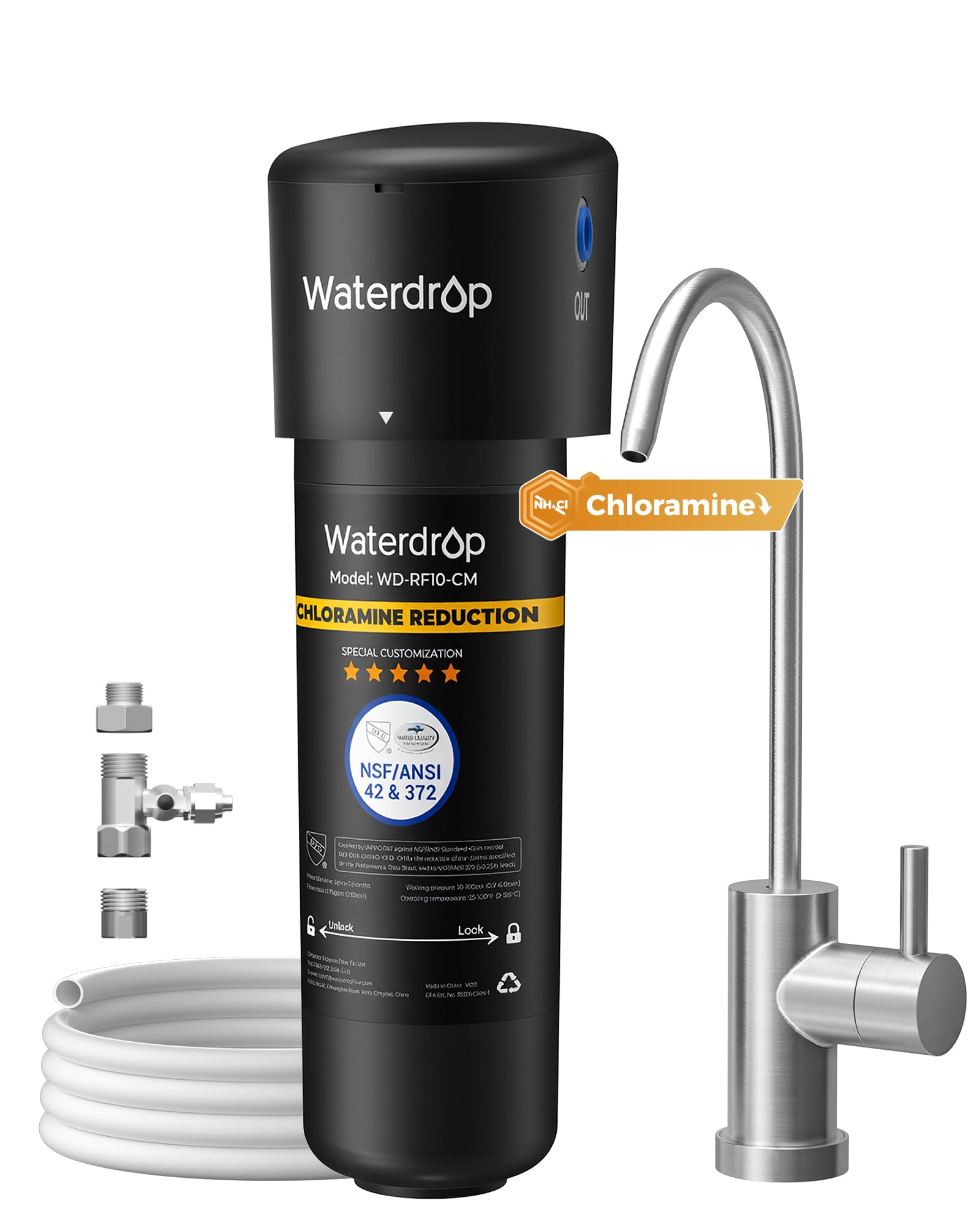 Waterdrop 10UB-CM 6-Month Under Sink Water Filter to Reduce 99% Chloramine, Ideal for California, Florida and Washington, NSF/ANSI 42 Certified, Nickel Faucet