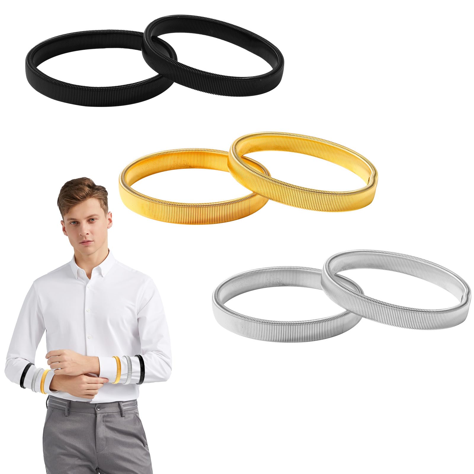 6pcs Sleeve Garters, Anti-Slip Shirt Sleeve Holder Stretchy Metal Arm Band Unisex Arm Strap to Hold up Sleeves Armbands for Women Men (Black, Gold, Silver)