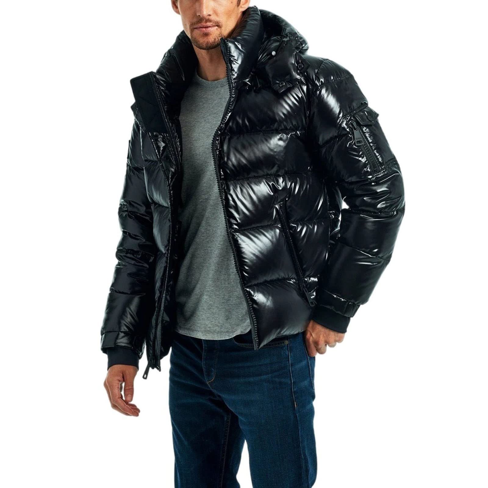 sunongvt Shiny Down Jacket for Men,Winter Waterproof Hooded Full Zip Warm Puffer Jacket Windproof Stand Collar Casual Coat,Black,XXL