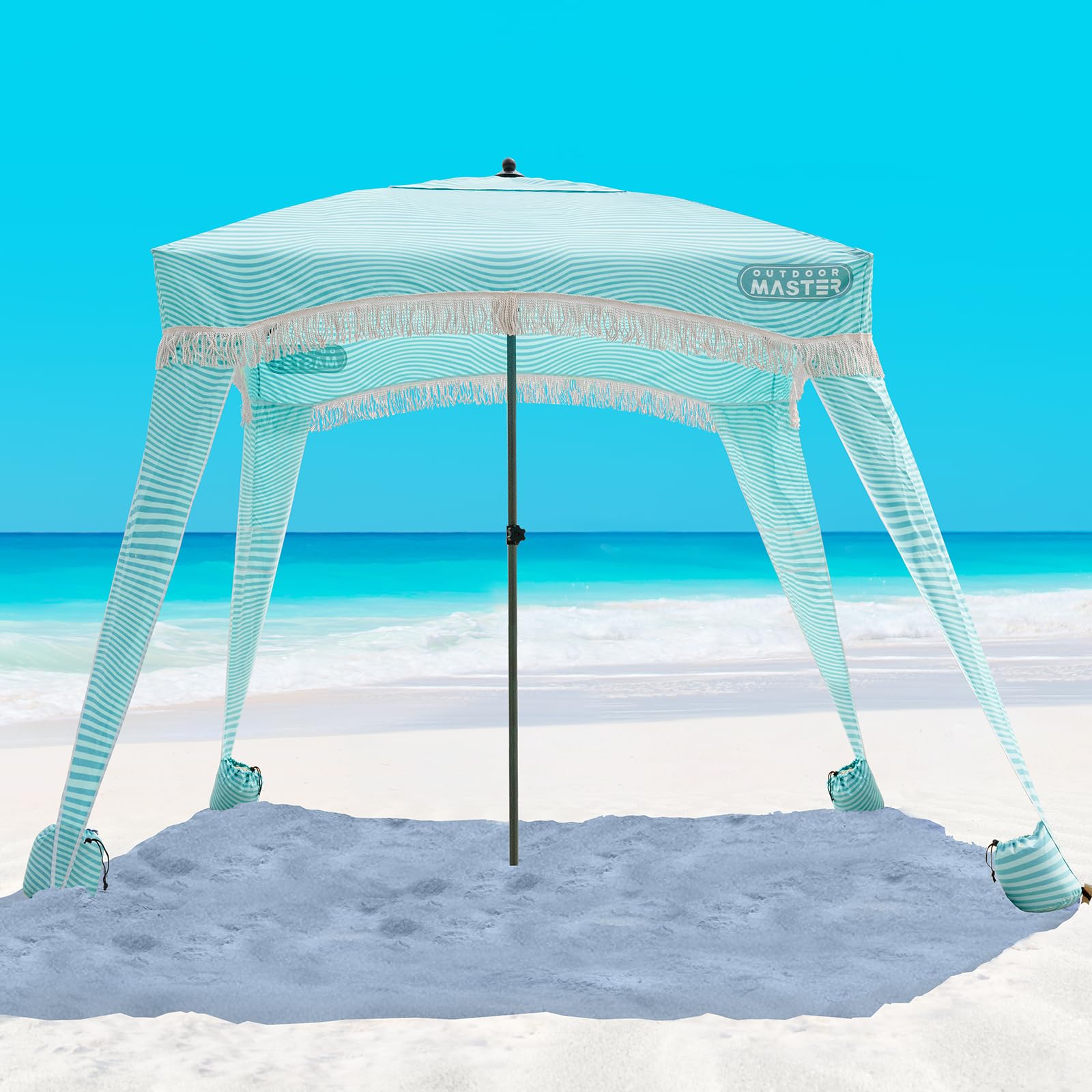 OutdoorMaster Beach Cabana with Fringes, Portable 6' x 6' Beach Canopy for Sand, Easy Set Up Beach Shelter, Included Side Wall, UPF 50+ UV Protection