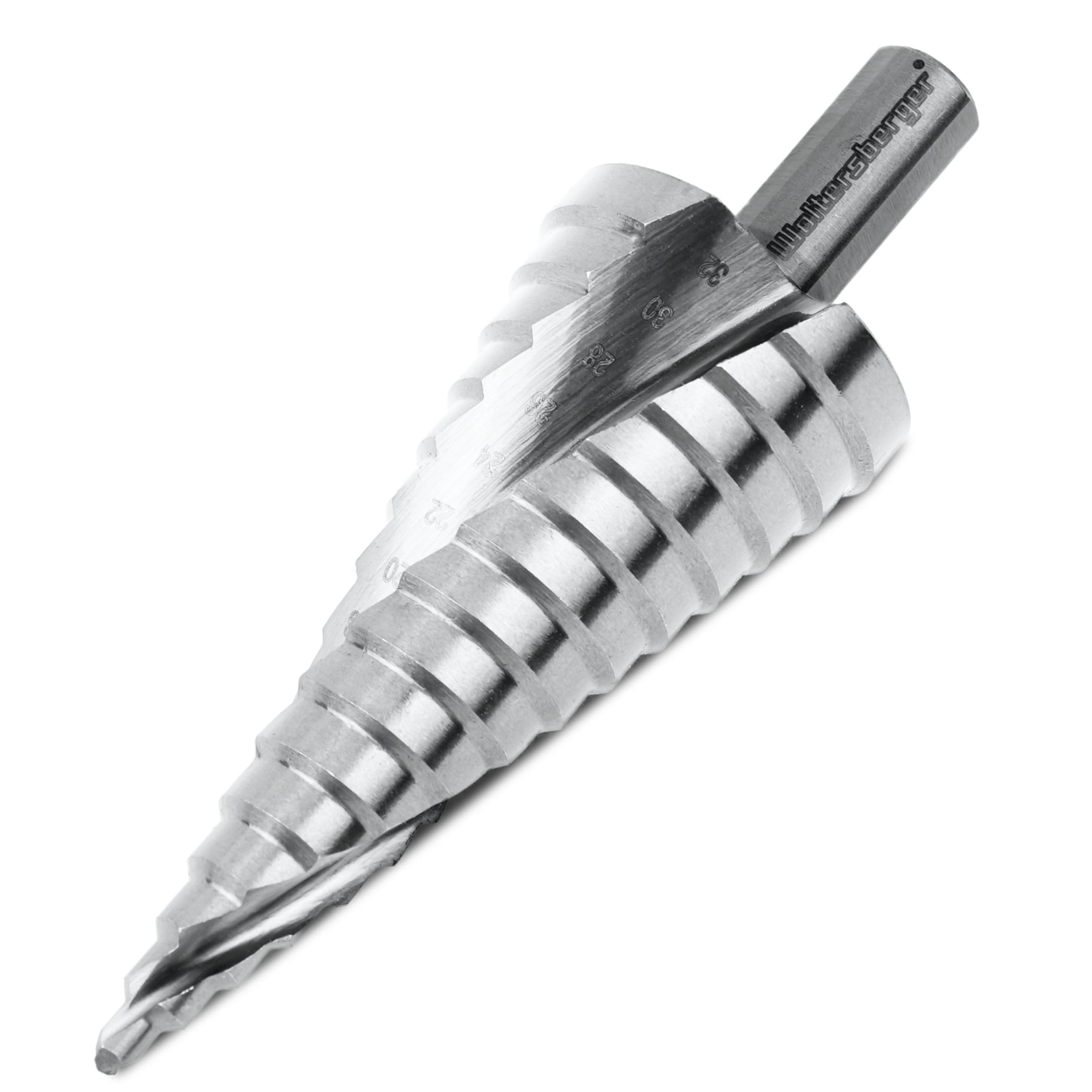 Woltersberger® HSS Stufenbohrer con albero da 10mm | Trapano conico Ø 4-32mm a spirale | HSS Stufenbohrer con 15 livelli adatto per molti portapunta | Ideale per metallo, legno, alluminio, ottone
