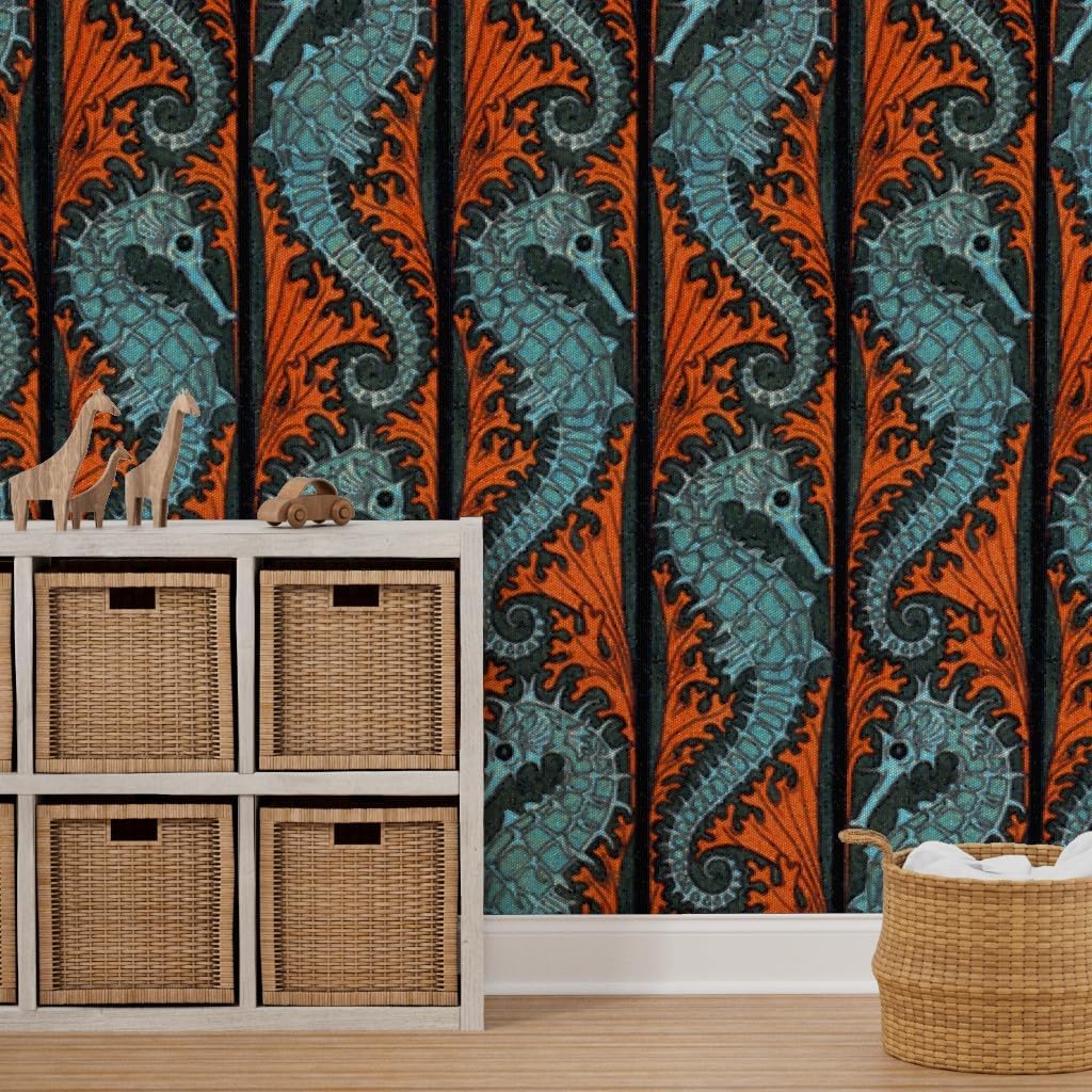 Removable Wallpaper 3ft x 2ft - Seahorse Stripe Mosaic Coral Aqua Ocean Arts Custom Pre-Pasted Wallpaper by Spoonflower
