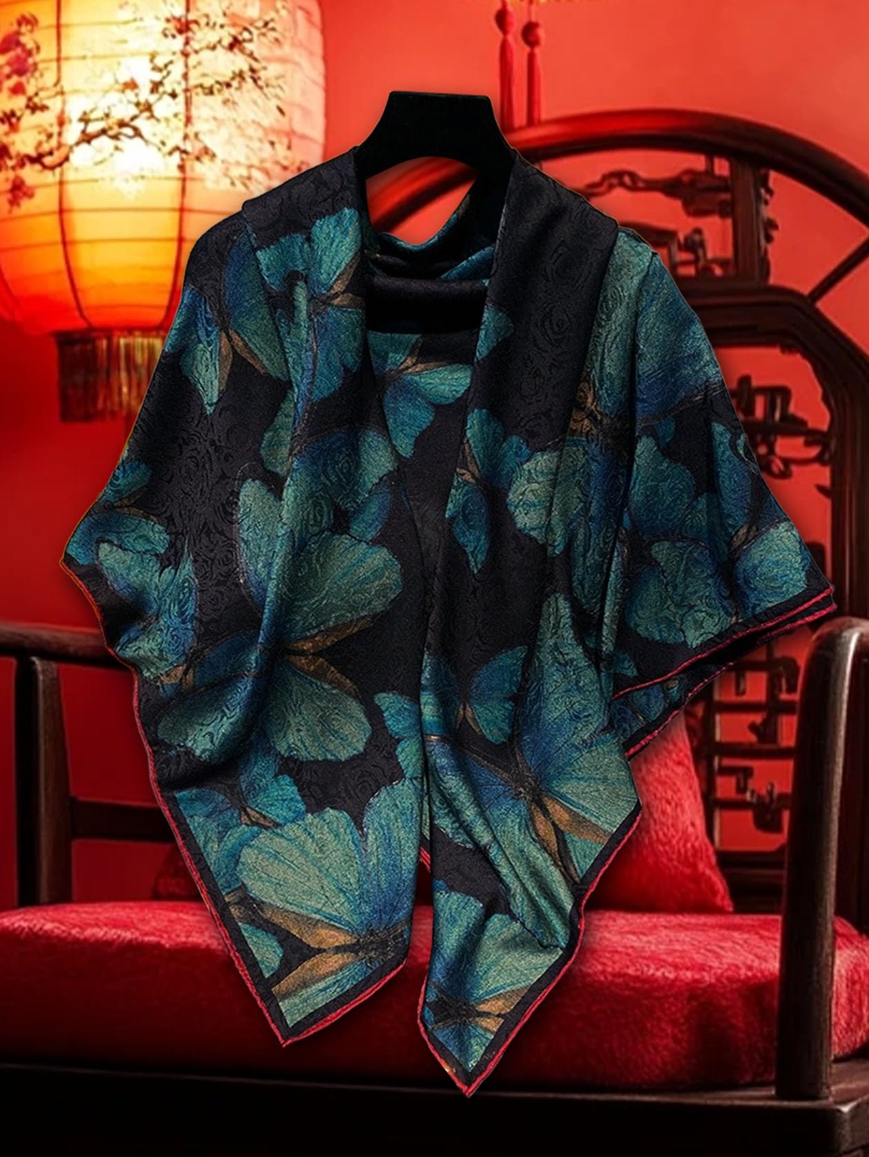 HangErFeng Damski szalik z mieszanki wełny jedwabiu dwustronny nadruk motyl róża żakardowy kwadratowy szal 49 cali 1297