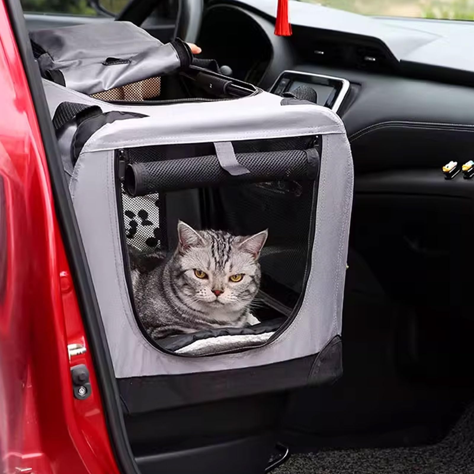 Transportin Perro Coche Transportín Gato Transpirable Plegable Estructura De Tubo De Acero Oxford Incluye Cojín Inferior Y Asas De Transporte (White,50 * 35 * 35cm)