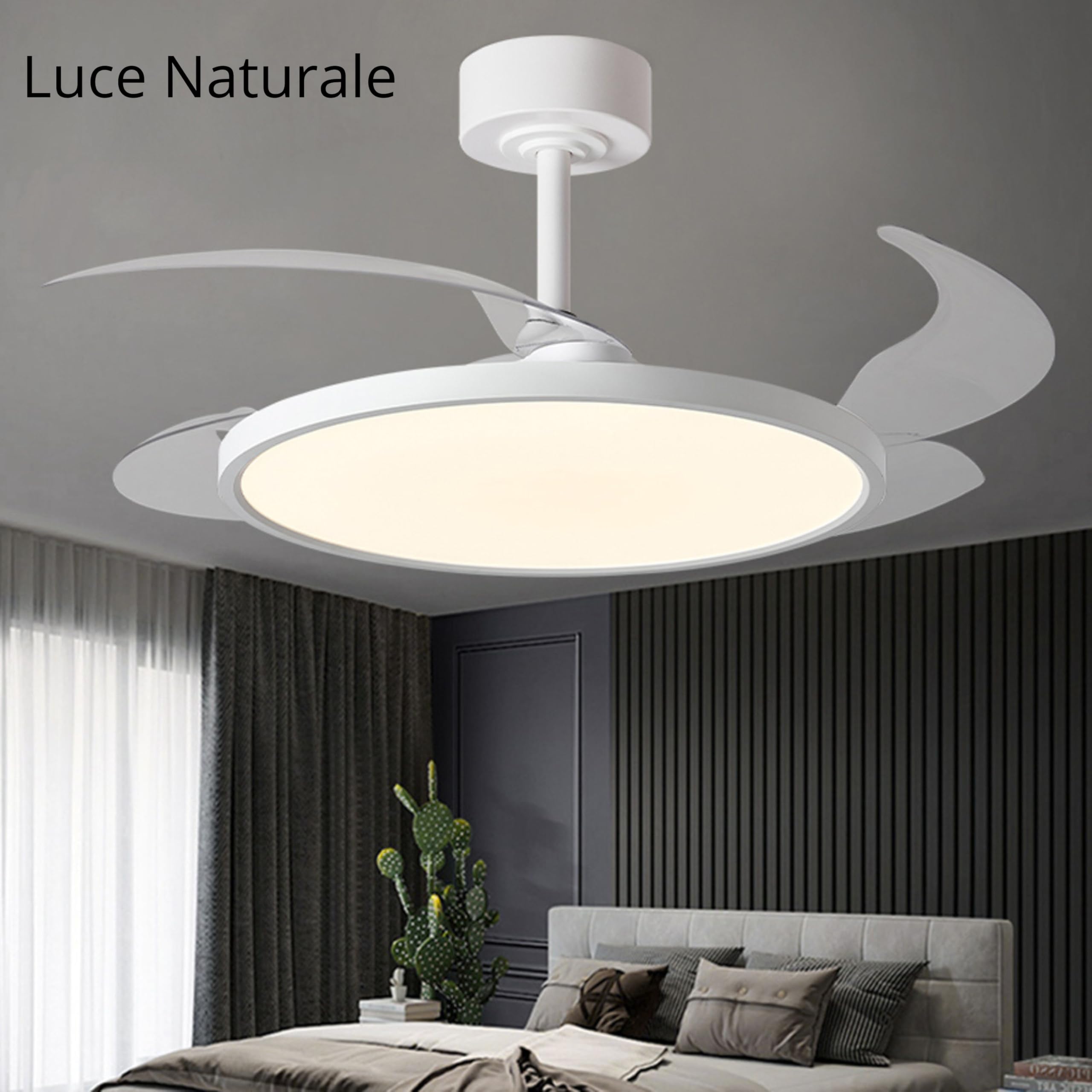 YASTA Lampadario con Ventilatore Da Soffitto Luce Con Pale Retrattili 80W | Pale a Scomparsa,Silenzioso ,Ultra Slim,Plafoniera LED 50 cm,Luce Fredda Calda Naturale