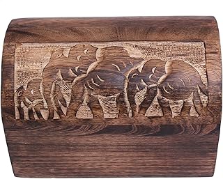 Ajuny Elephant Carved Wooden Jewelry Box 9x6 in – Handcrafted Vintage Treasure Chest Keepsake Storage Organizer, Rustic Boho Décor, for Necklaces, Earrings, Trinkets – Gift for Women & Men