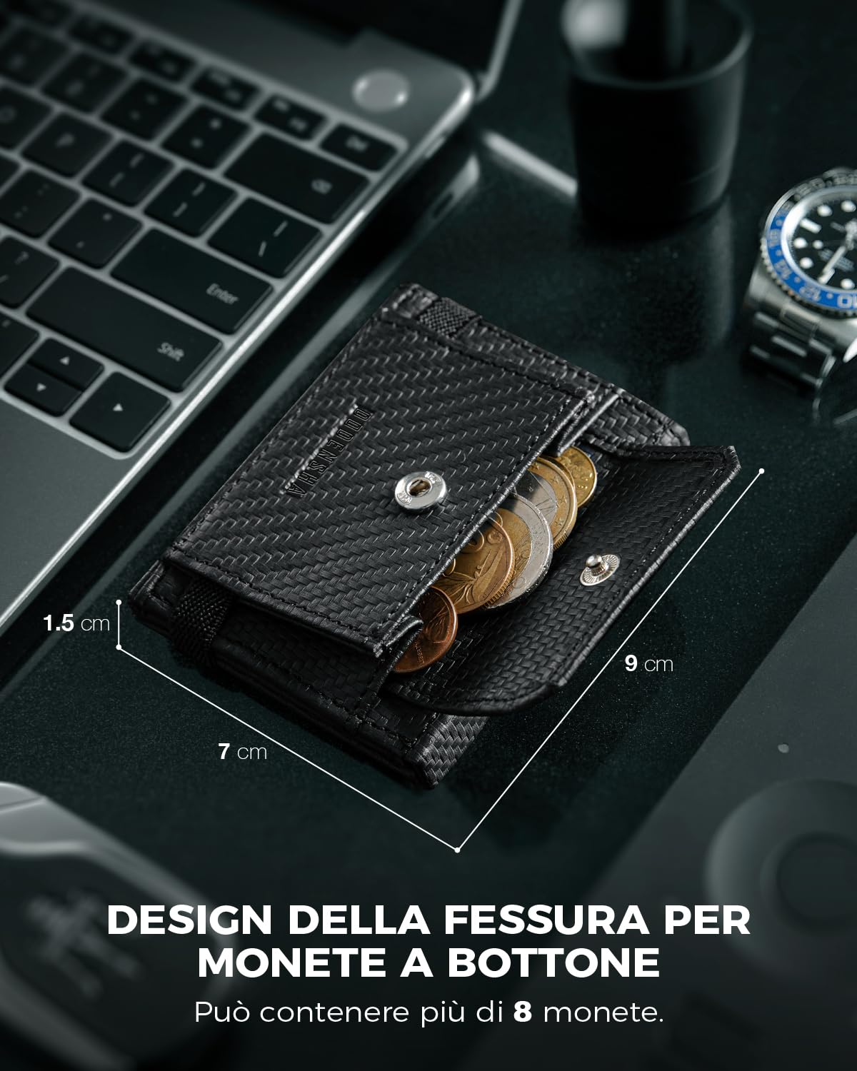 DODENSHA Portafoglio Uomo Piccolo Sottile | Porta Carte Credito | Portafoglio uomo Slim con Portamonete XL | Portafoglio con Blocco RFID | 1 Porta Banconote e 6 Fessure per Carte e Slot ID | Carbon