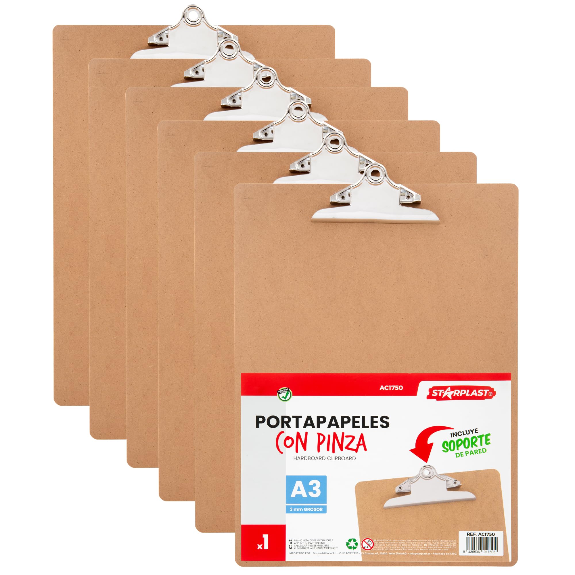 Starplast 10 Carpetas Lisas A3 de Madera con pinza - Portapapeles kratf, 3 mm grosor, soporte de pared, material oficina, documentos, hojas, archivar, sujetar