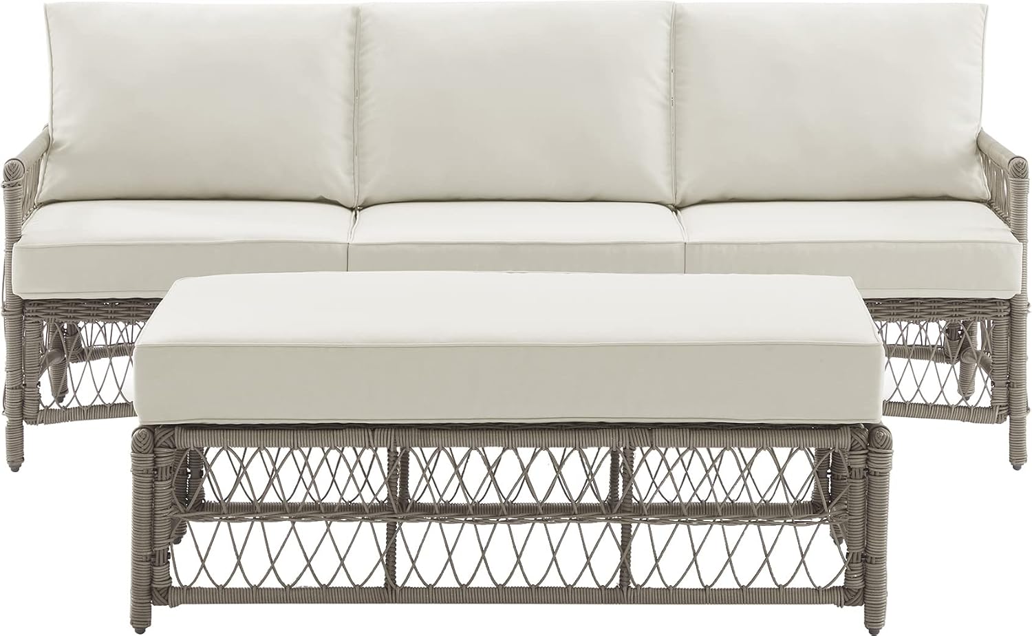 Crosley Furniture Thatcher 2-Piece Outdoor Sofa Patio Furniture Set, Wicker Conversation Sets for Porch, Driftwood with Creme Cushions