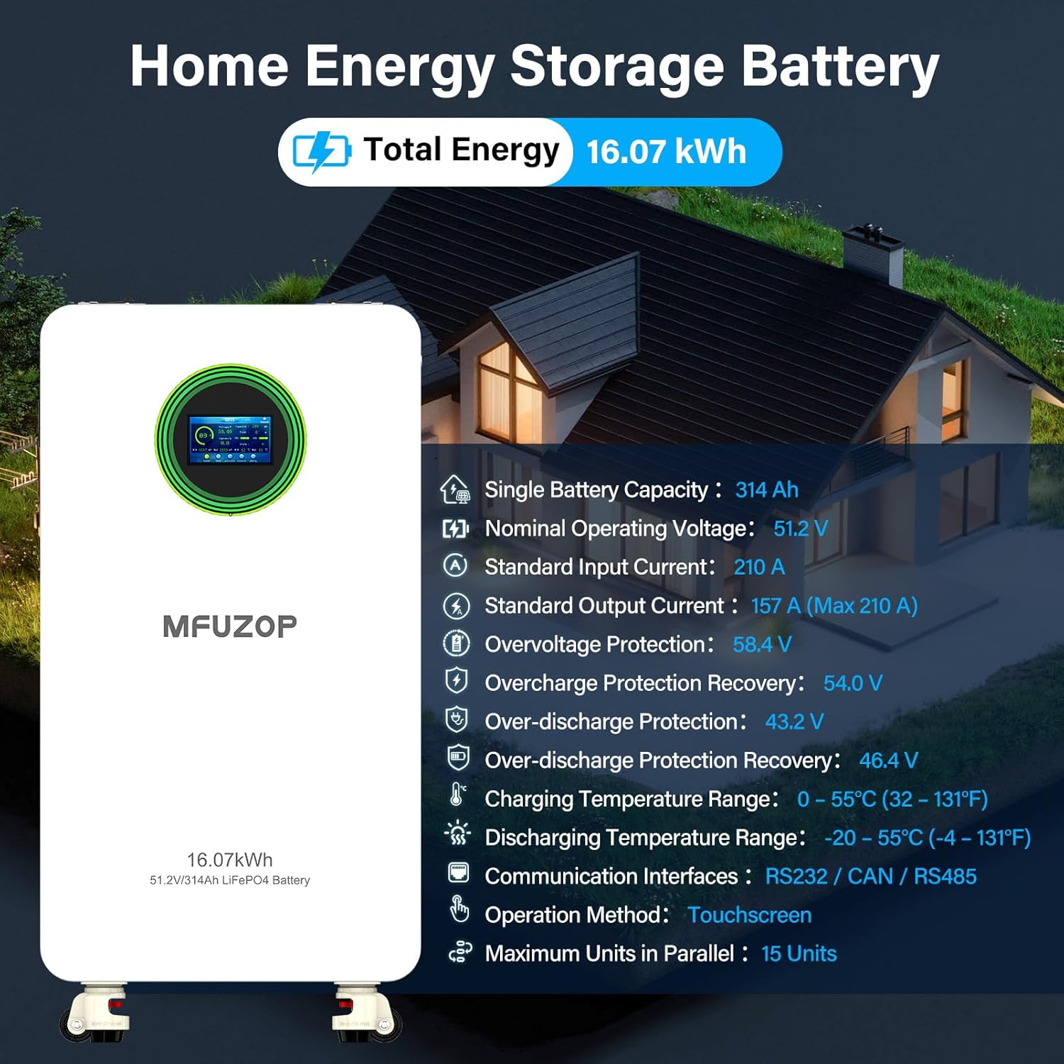 MFUZOP 48V 314Ah LiFePO4 Battery with key specifications
