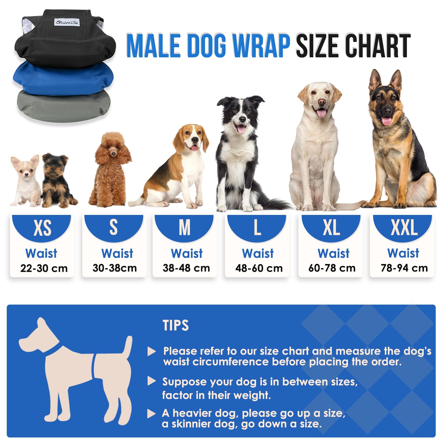 SlowTon 3 Pañales para Perros machos, Pañales Lavables Bandas para el Vientre para Perros machos y Cachorros Perritos, pañales Altamente absorbentes con Cierre Fuerte y Flexible, Paquete de 3