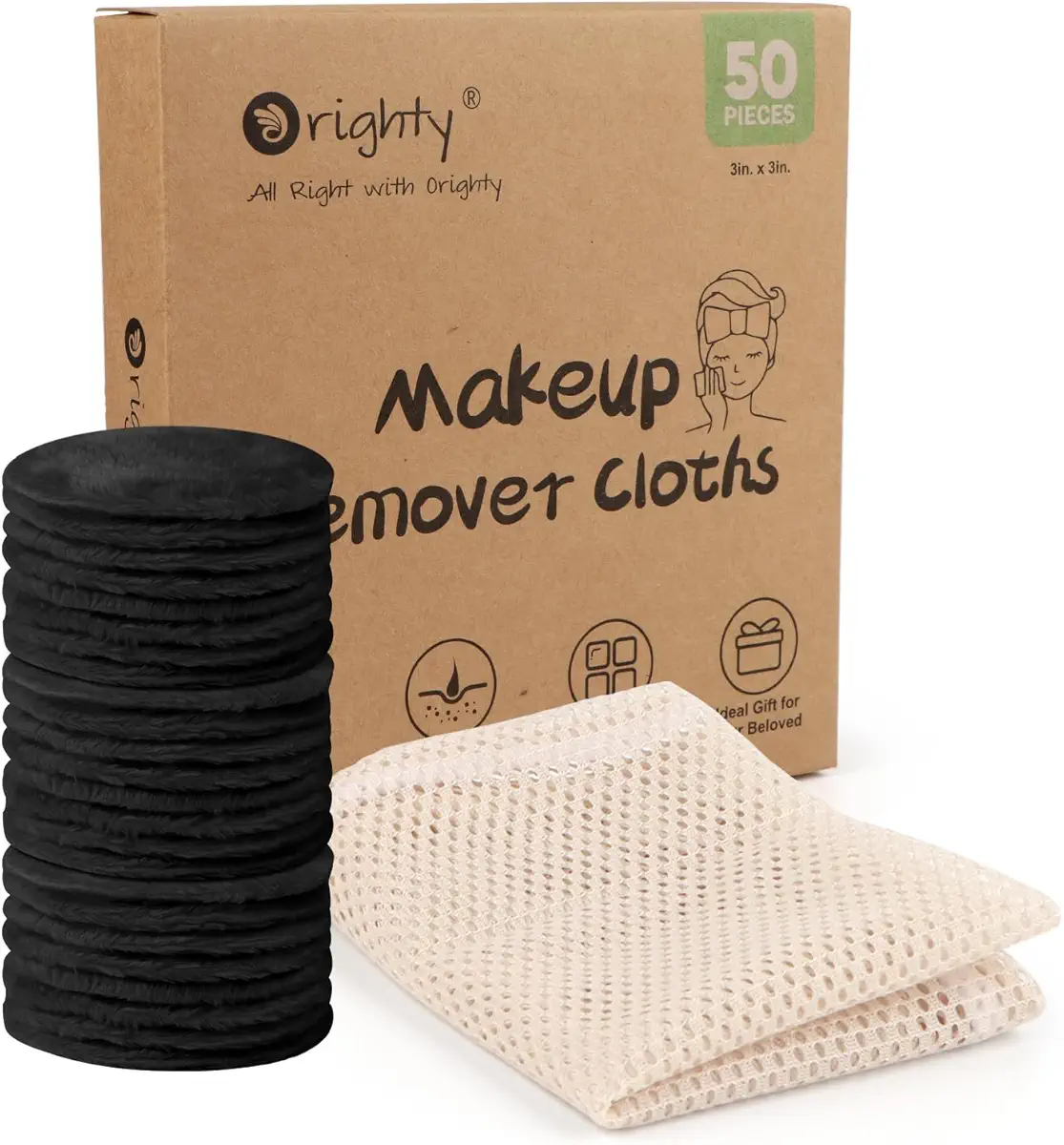 Orighty Microfiber Makeup Remover Pads 50 Pack, Eco-Friendly Makeup Remover Cloths Cotton Rounds, Reusable Face Pads for All Skin Types, Makeup Wipes for Facial Cleansing with Laundry Bag (Black)