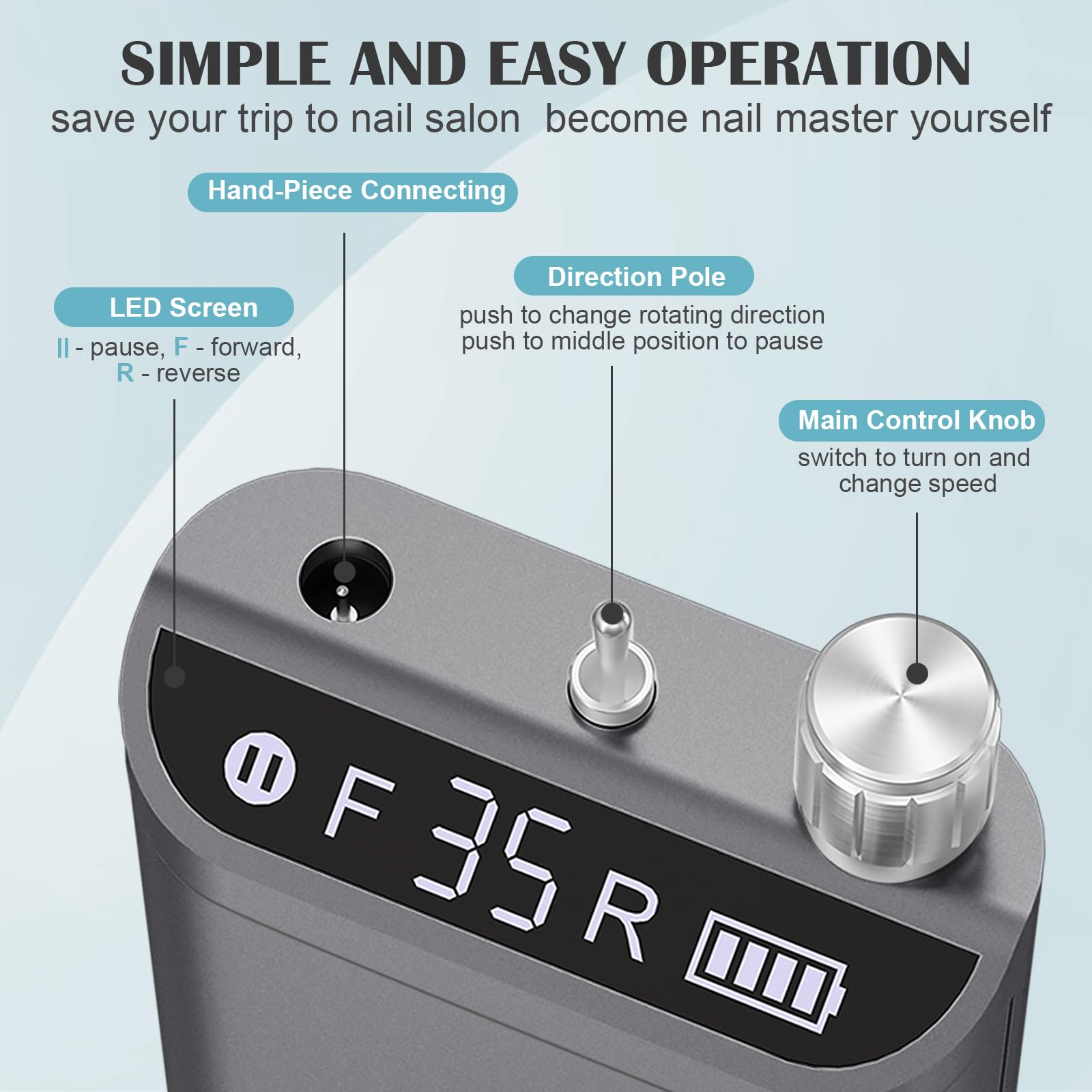 Kredioo 10 in 1 Nail Drill Kit, 35000RPM Rechargeable Electric E File, 8 Hours Battery, Manicure Pedicure Acrylic Gel Removal - Image 3