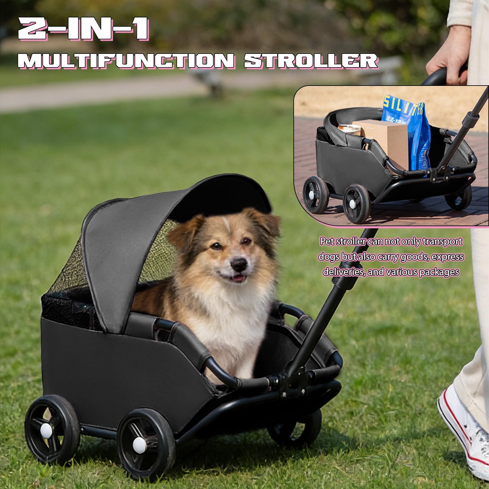 Chariot Pliable pour Chien, 4 Roues avec Barre Pivotante à 360°, Poussette pour Chat avec Visière Solaire, Mini Poussette pour Animaux de Compagnie, Tissu Oxford 600D (noir)