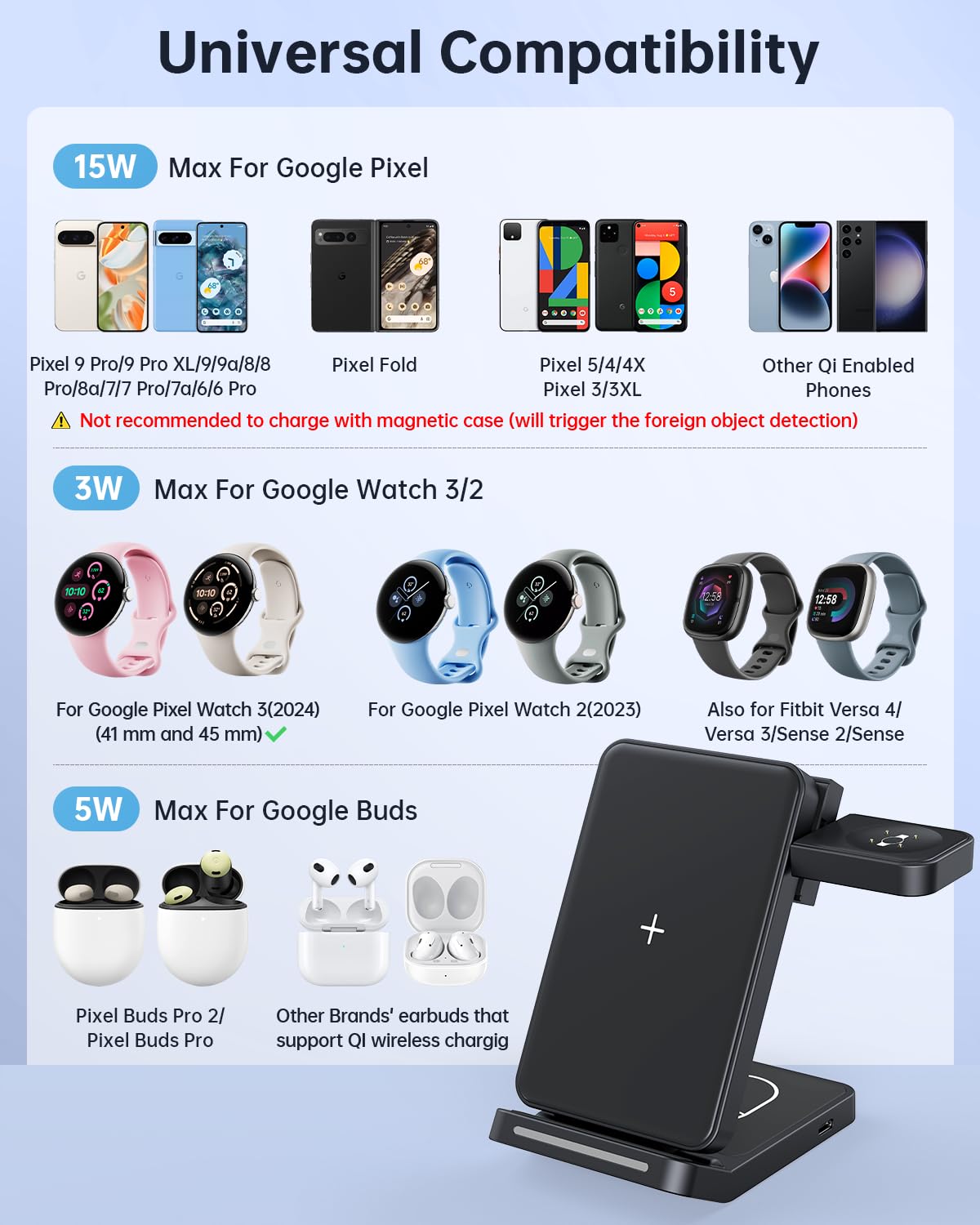 Upgarded Foldable 3 in 1 Wireless Charger for Google Pixel Watch 3/2, Charger Stand for Pixel 9 Pro/XL/9/9a/8 Pro/8a/8/7/Pro/7/6/Pro and Pixel Buds Pro/2(Not for Pixel Watch 1st) with Adapter, Black