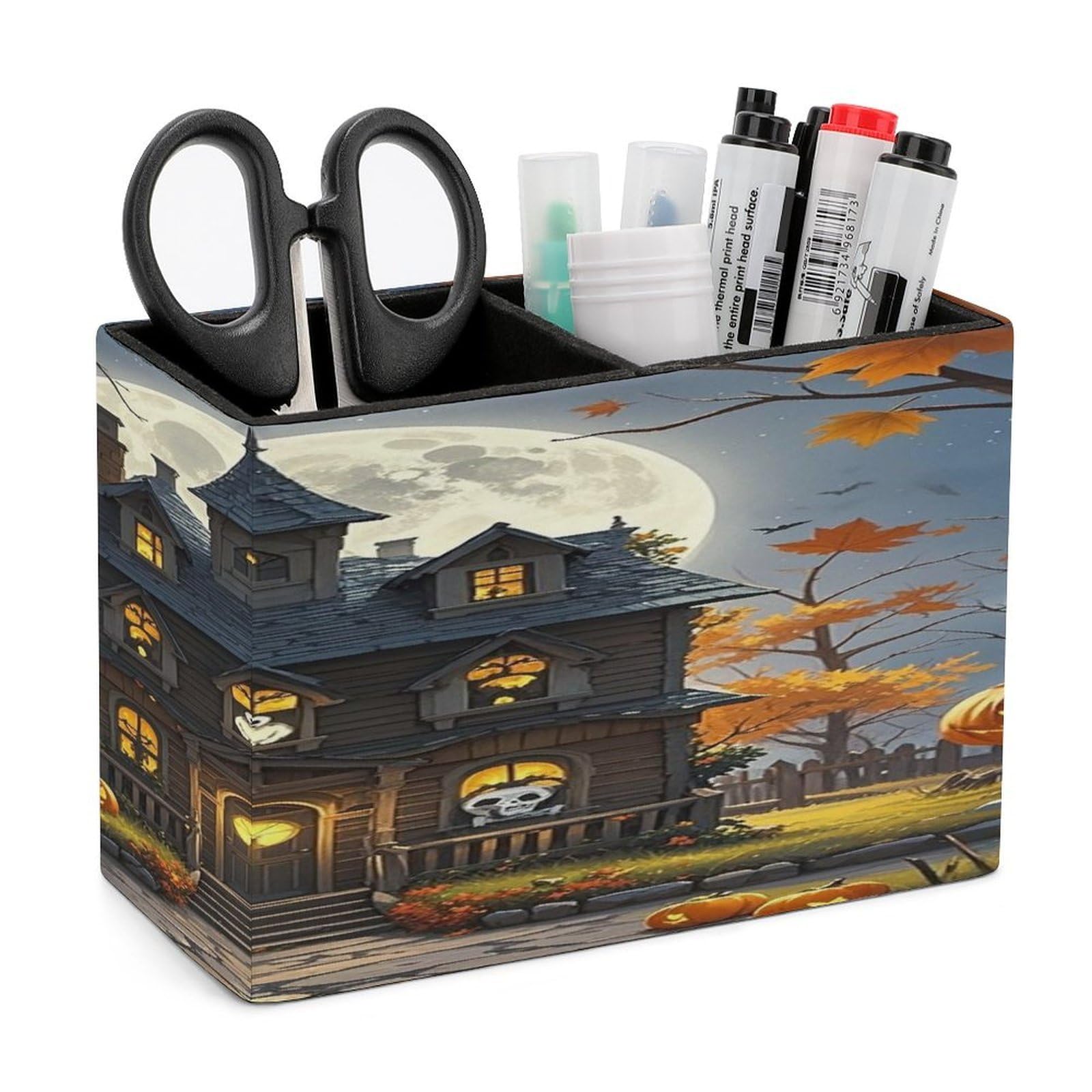 LZQPOEAS Moon Castle Leather Pen Holder with 2 Compartments Luxury Pencil Holder Minimalist Pencil Cup Brush Scissor Holders Elegant Pen Cup for Office Home Desk Accessories