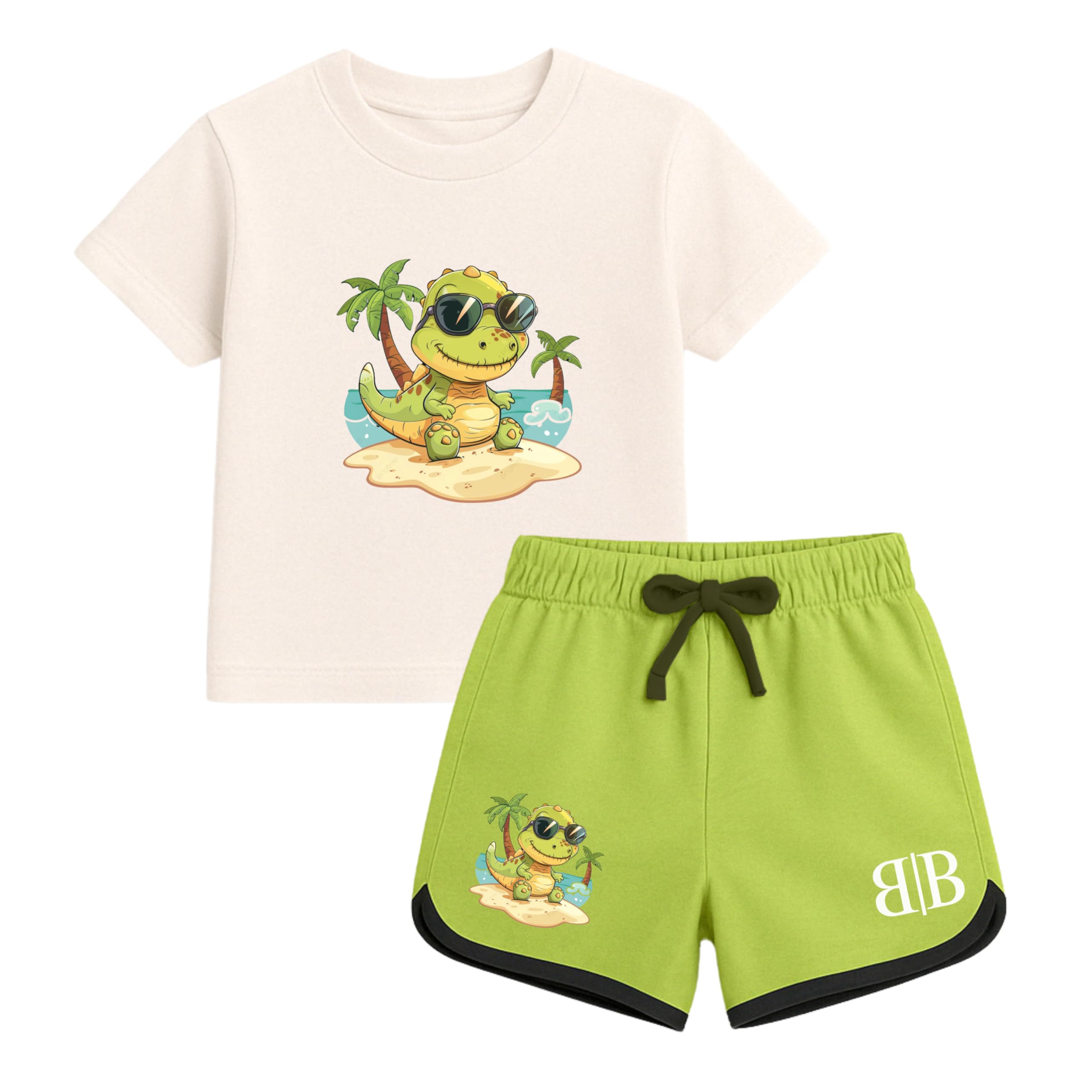 BONNYBOTS Baby Boys' Cotton T-Shirt & Shorts Set – White & Green Printed Outfit for Toddlers (2-3 Years)