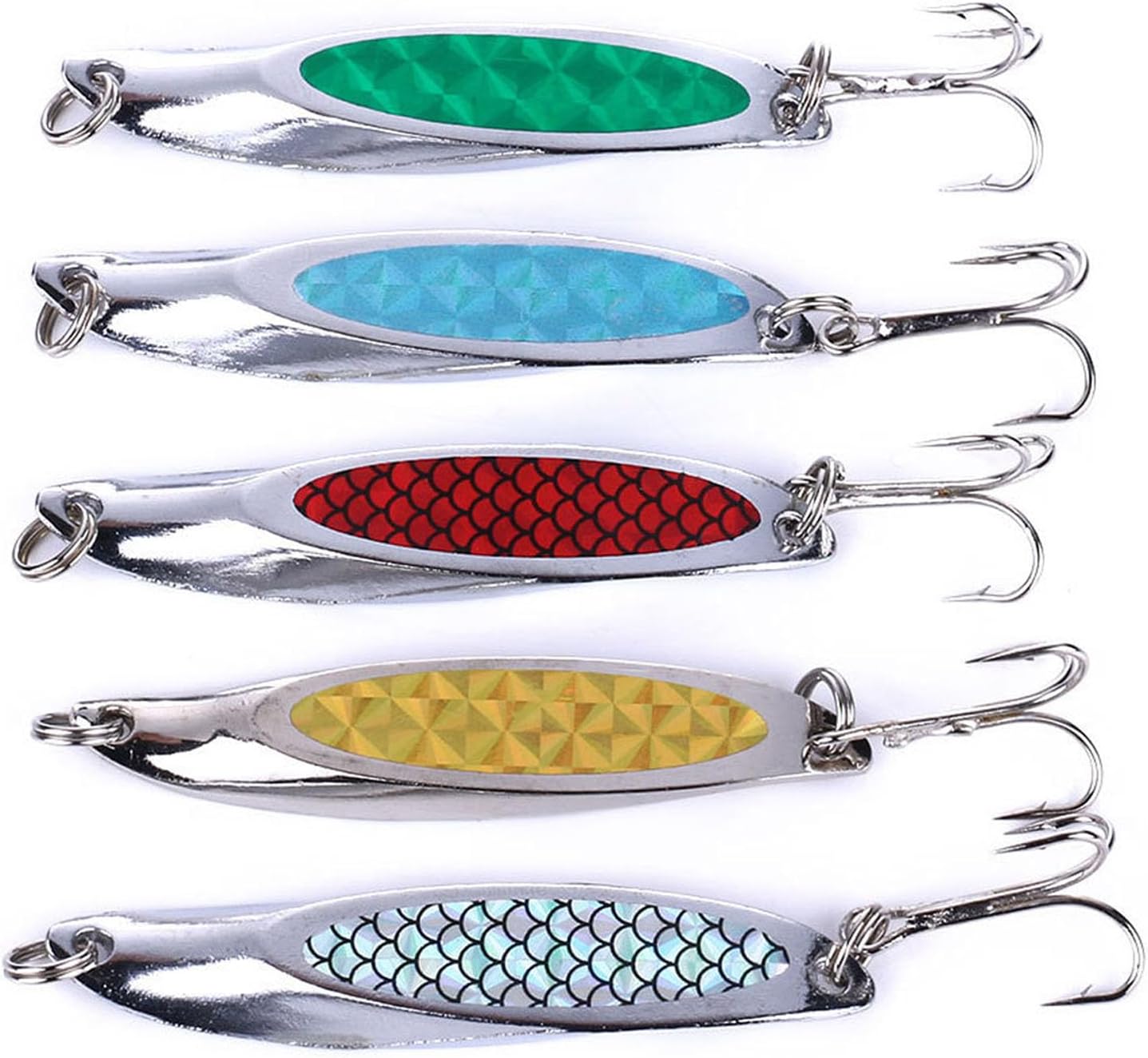 5Pcs Useful Wedge Fishing Sea Trout Lures Sequins Spinner Hard Baits Metal Fishing Spoons Lure Baits Stripes Hard Fall Pitch FishLures for Saltwater