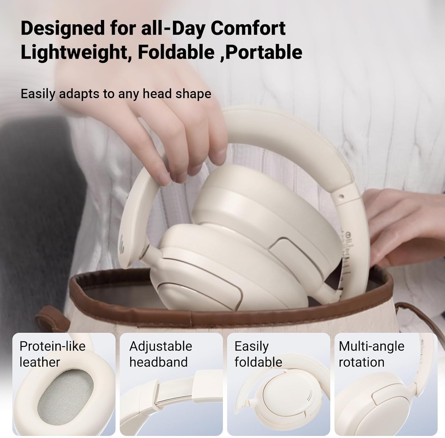 Edifier V80 Hybrid Active Noise Cancelling Headphones, True Wireless Over Ear Bluetooth Headset with 45H Playtime Hi-Res Audio Fast Charging Multipoint Connection for Travel Home Office - Ivory - Image 5