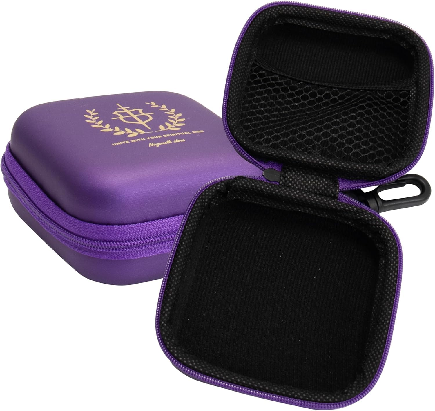 Nazareth Store Custodia per rosario viola con cerniera e clip, guscio rigido protettivo per preghiera, con interno morbido e tasca in rete, custodia da viaggio per rosari cattolici e regali religiosi