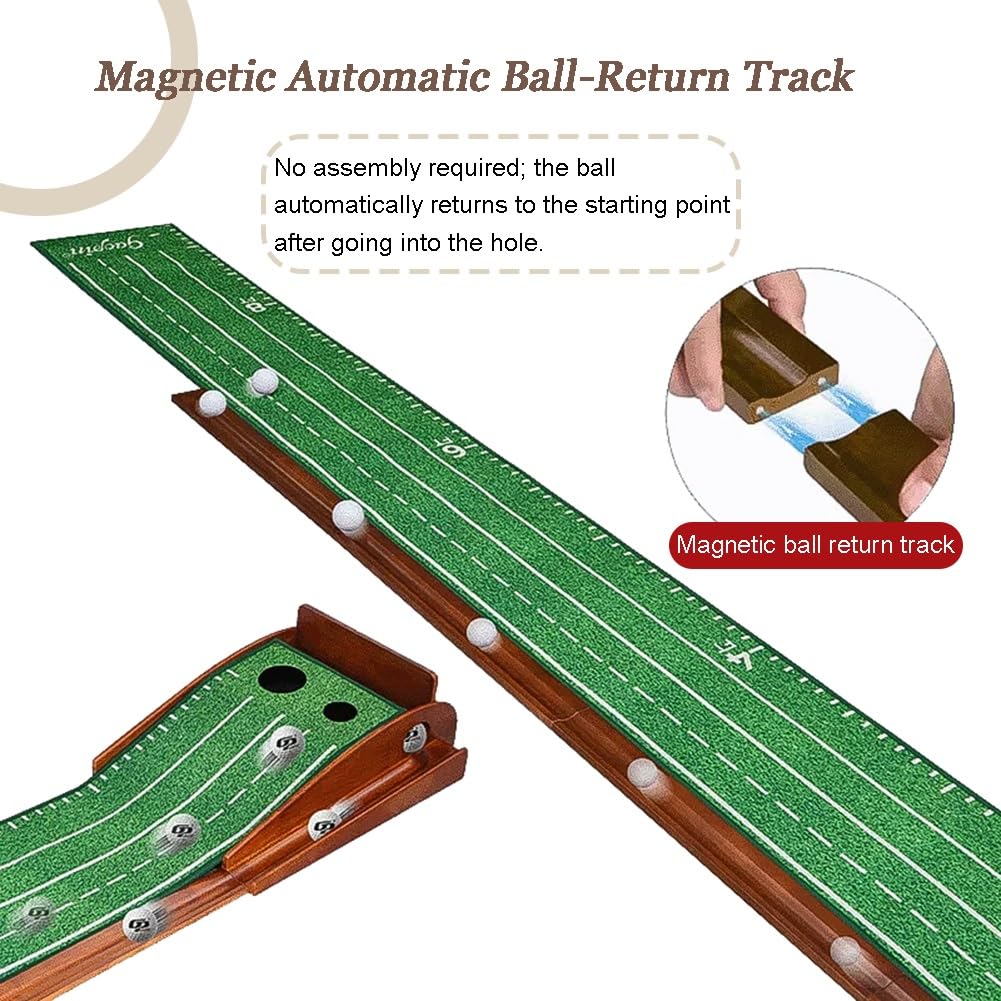 exproyzk Entrenador De Putt para Golf En Interiores: Ayuda Portátil para El Entrenamiento De Golf con Base De Madera Y Retorno De Bolas; Alfombrilla De Putt para Practicar En Casa