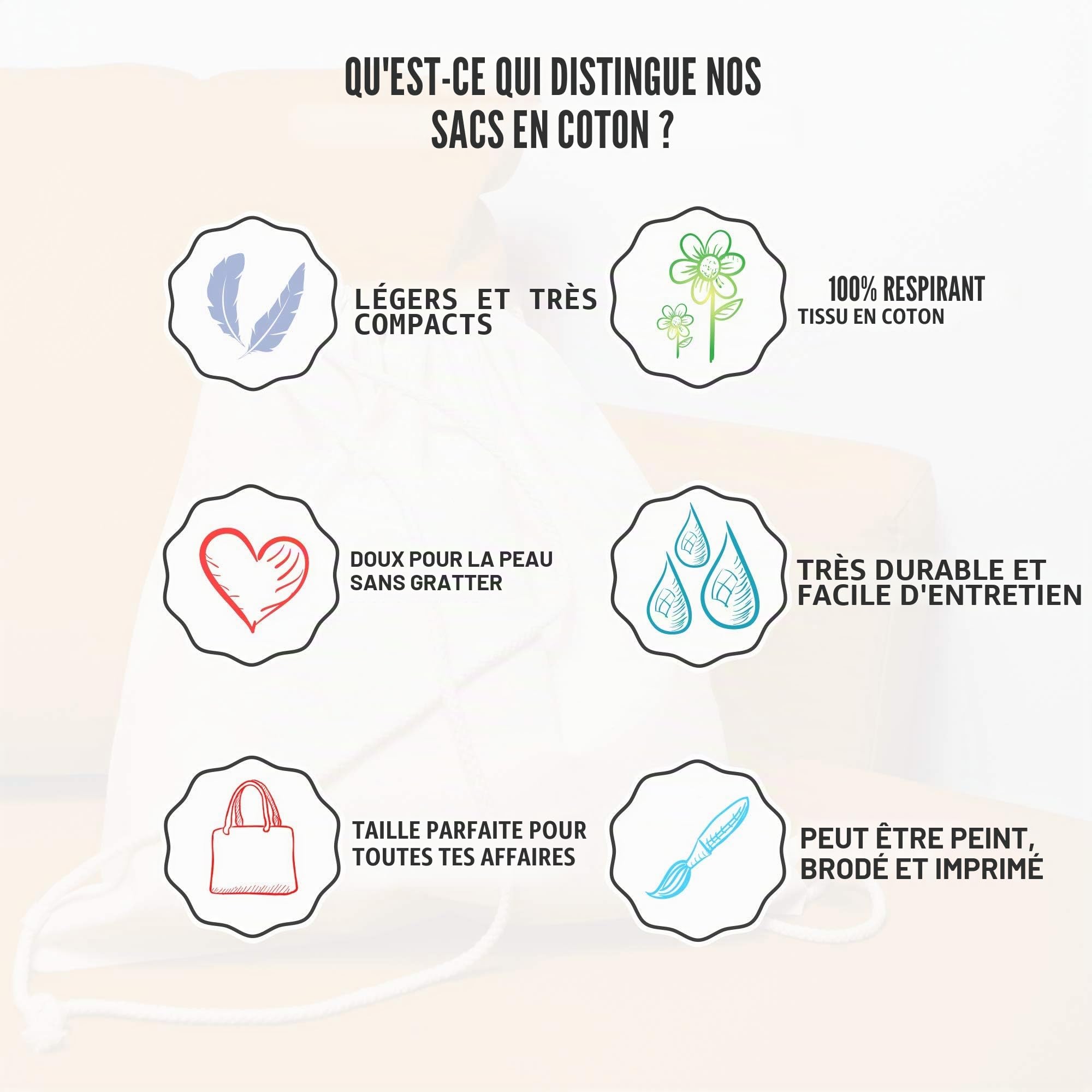 ELES VIDA Set de sacs en coton non imprimés, sac à bandoulière, Sacs de courses, ÖKO-TEX® sac à provisions à provisions