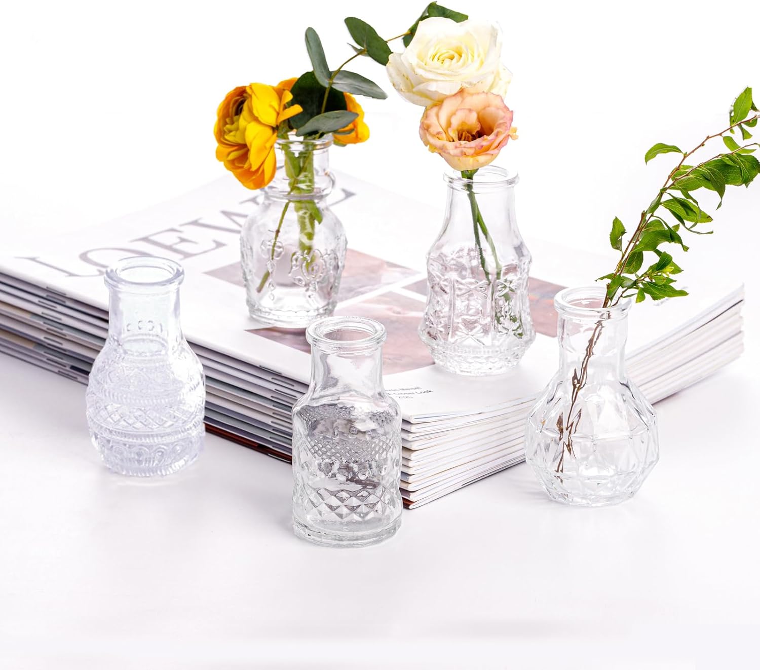 Glass Bud Vase Clear Mini Vases 5Pcs EylKoi Flowers Cute Vintage Small Glass Tiny in Bulk Different Shape Modern Set Lovely for Decor Table Wedding Home Table Centerpieces Dinning Party