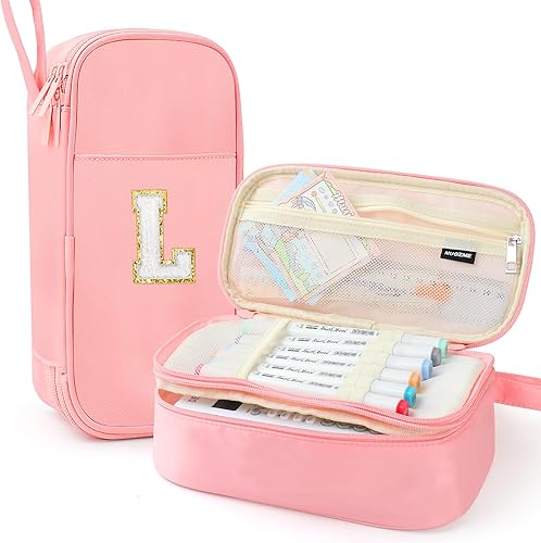 Miniatura 100 de Estuche para lápices extragrande, bolsa de gran capacidad, bolsa de lápices personalizada con inicial con cremallera suave, múltiples bolsillos