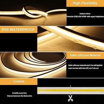 Pandery COB LED Strip Lights,2700K Warm White,24V led Light Strips Waterproof,480LEDs/M,16.4ft/5M,CRI90+ Outdoor cob led,Ip67 Sauna Lights for Sauna Room,Pool,Garden,(Power Not Included)
