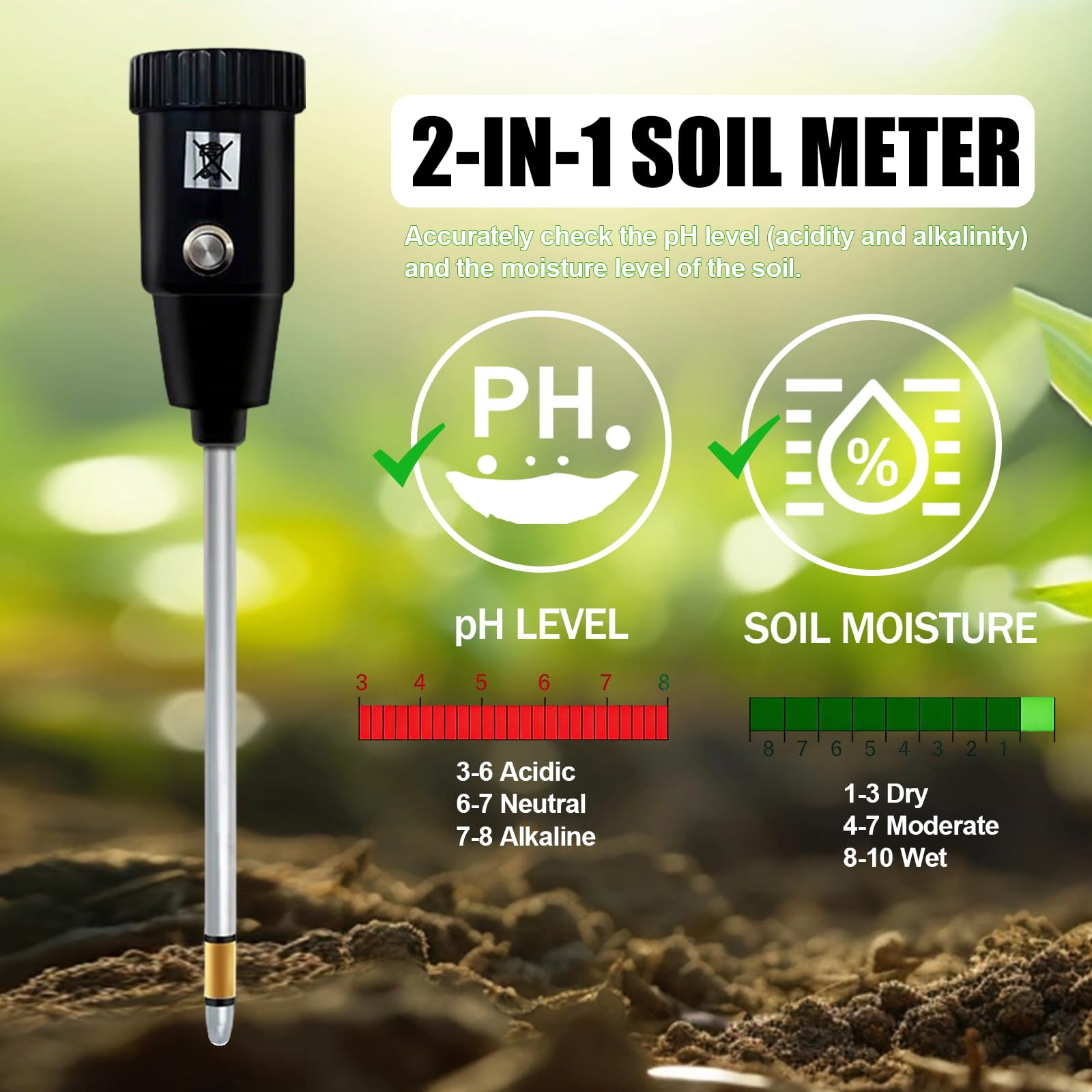 Medidor de suelo 2 en 1, sonda de 300 mm de largo, medidor de humedad del suelo/medidor de pH/medidor de humedad y pH del suelo, higrómetro probador de suelo para jardín, granja, césped, no