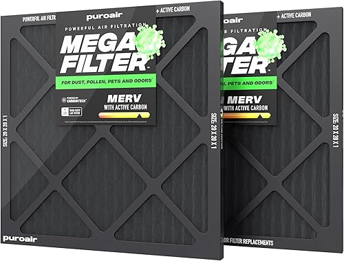 PuroAir Mega Filter - Filtros de aire MERV 13 20x20x1 para el hogar con carbón activado - Filtra alérgenos, caspa de mascotas, humo, polvo - Filtros