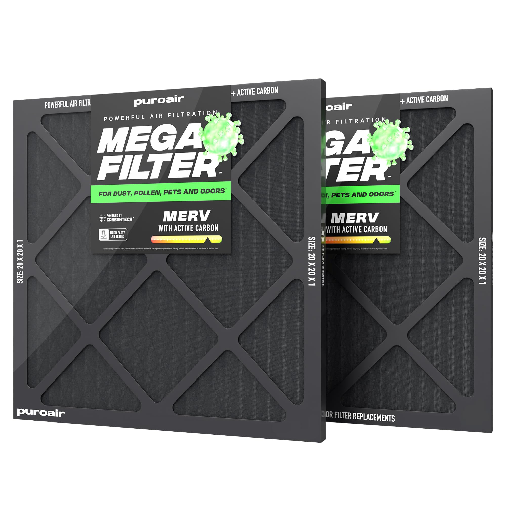 PuroAir Mega Filter - MERV 13 20x20x1 Air Filters For Home With Activated Carbon - Filters Allergens Pet