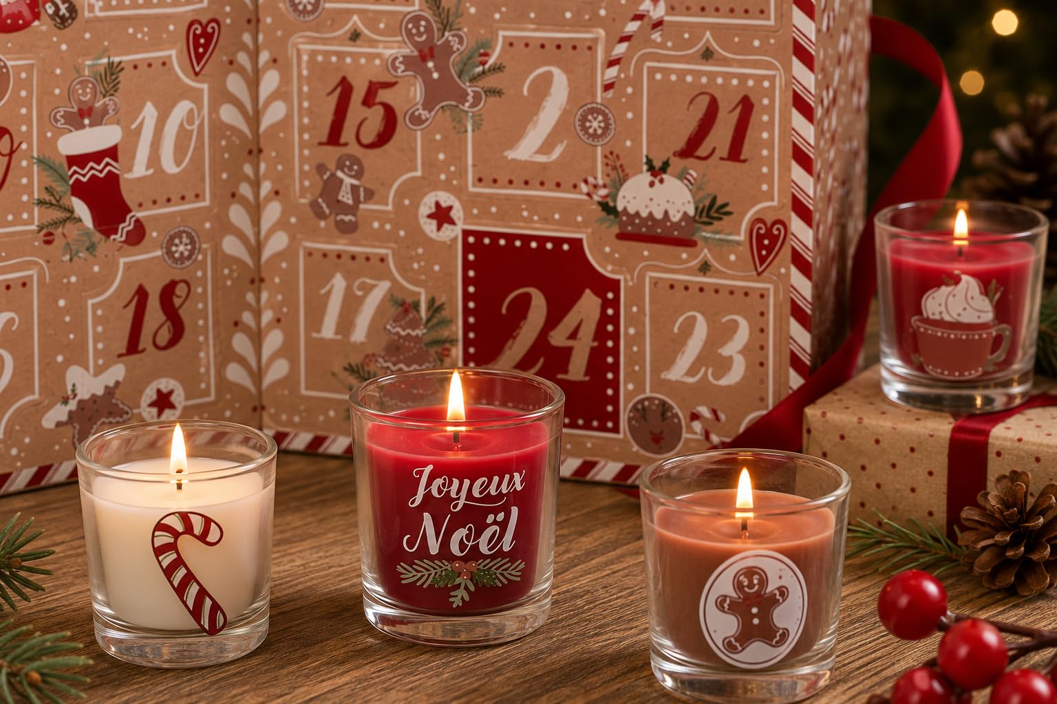 Luxuriöser Adventskalender mit 24 Duftkerzen – Aufklappbarer Weihnachts-Adventskalender für Erwachsene – Adventskalender mit Kerzen – Rot