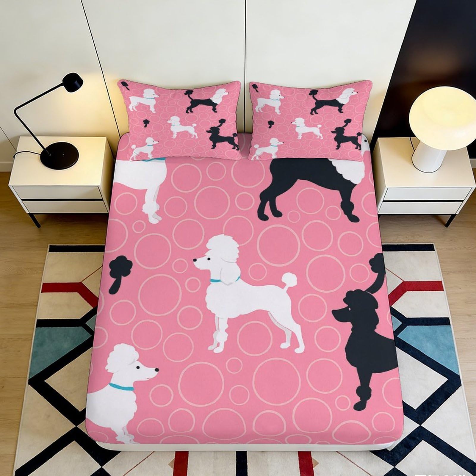 3D Printed Pink Poodle Fitted Sheet Microfiber Soft Black White Dog Pattern Mattress Cover for Bedroom Dorm Room 90x200x25cm