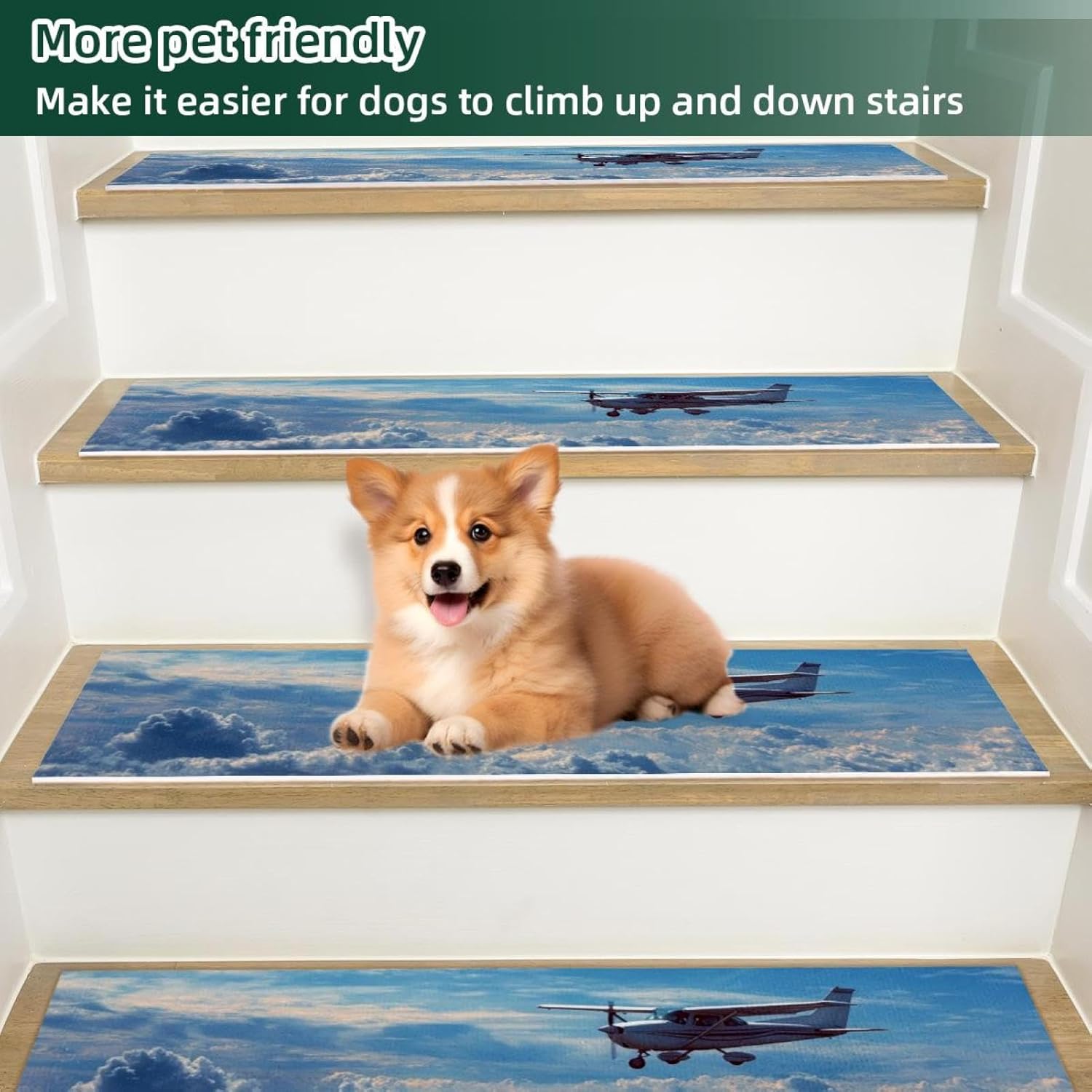 Stair Treads for Wooden Steps Indoor, Staircase Step Treads Non Slip Carpet Stair Runner for Kids Elders Dogs Pets, Aviation Airplane with Sky (1) Washable Stair Mat 15 Pack