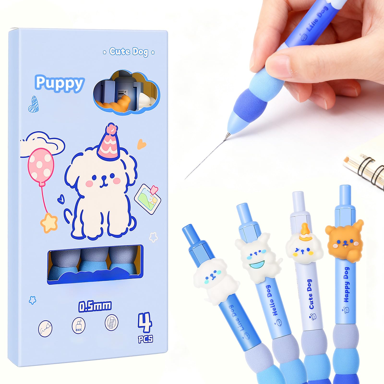 Lot de 4 porte-mines en forme de chien mignon avec gomme de 0,5 mm - Crayons mécaniques kawaii de dessin animé - Cadeau pour femme et homme