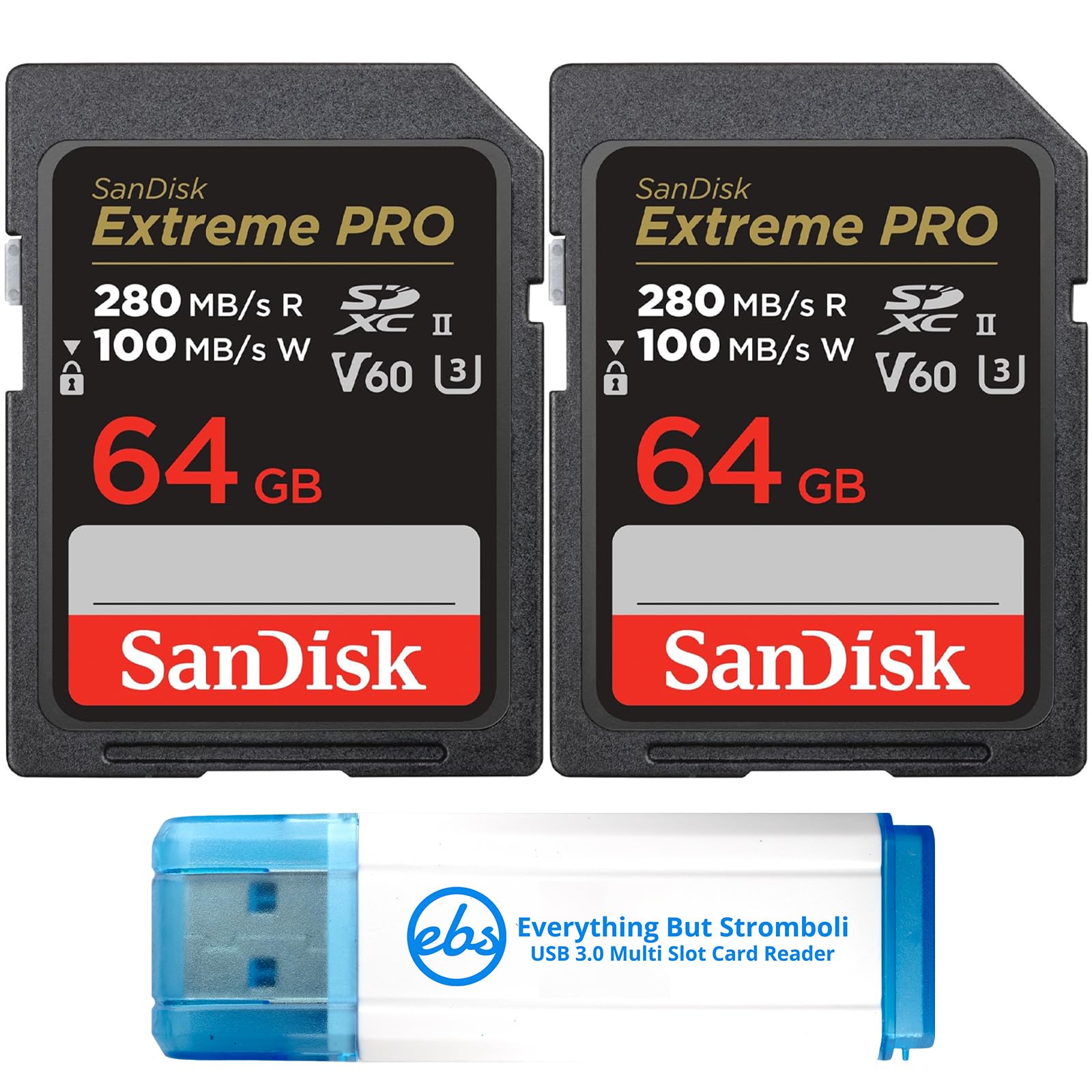 SanDisk - Paquete de 2 tarjetas de memoria SDXC UHS-II de 64 GB (SDSDXEP-064G-GN4IN) con 1 lector de tarjetas Everything But Stromboli SD